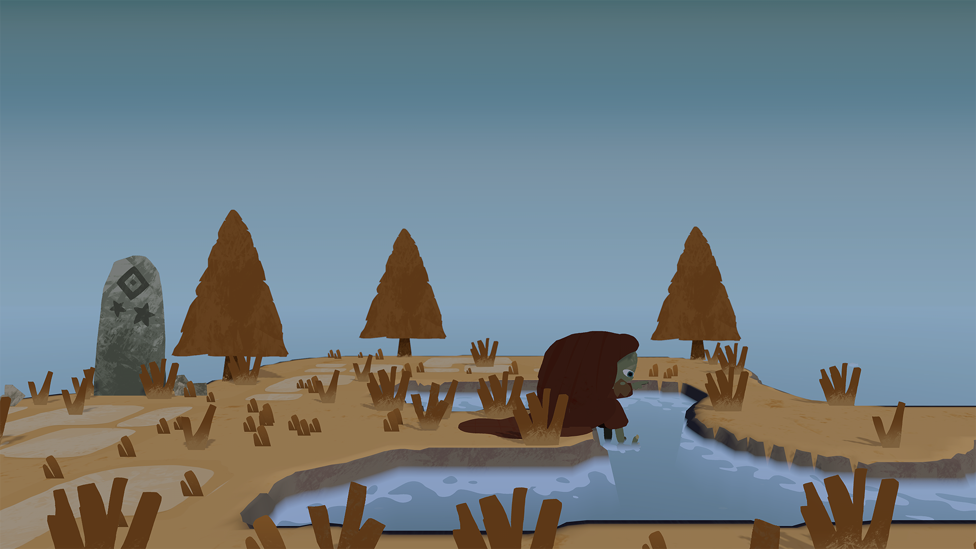 A cartoon scene featuring a wolf crouching by a river in a wilderness setting with three brown trees, a large stone with symbols, and a clear blue sky.