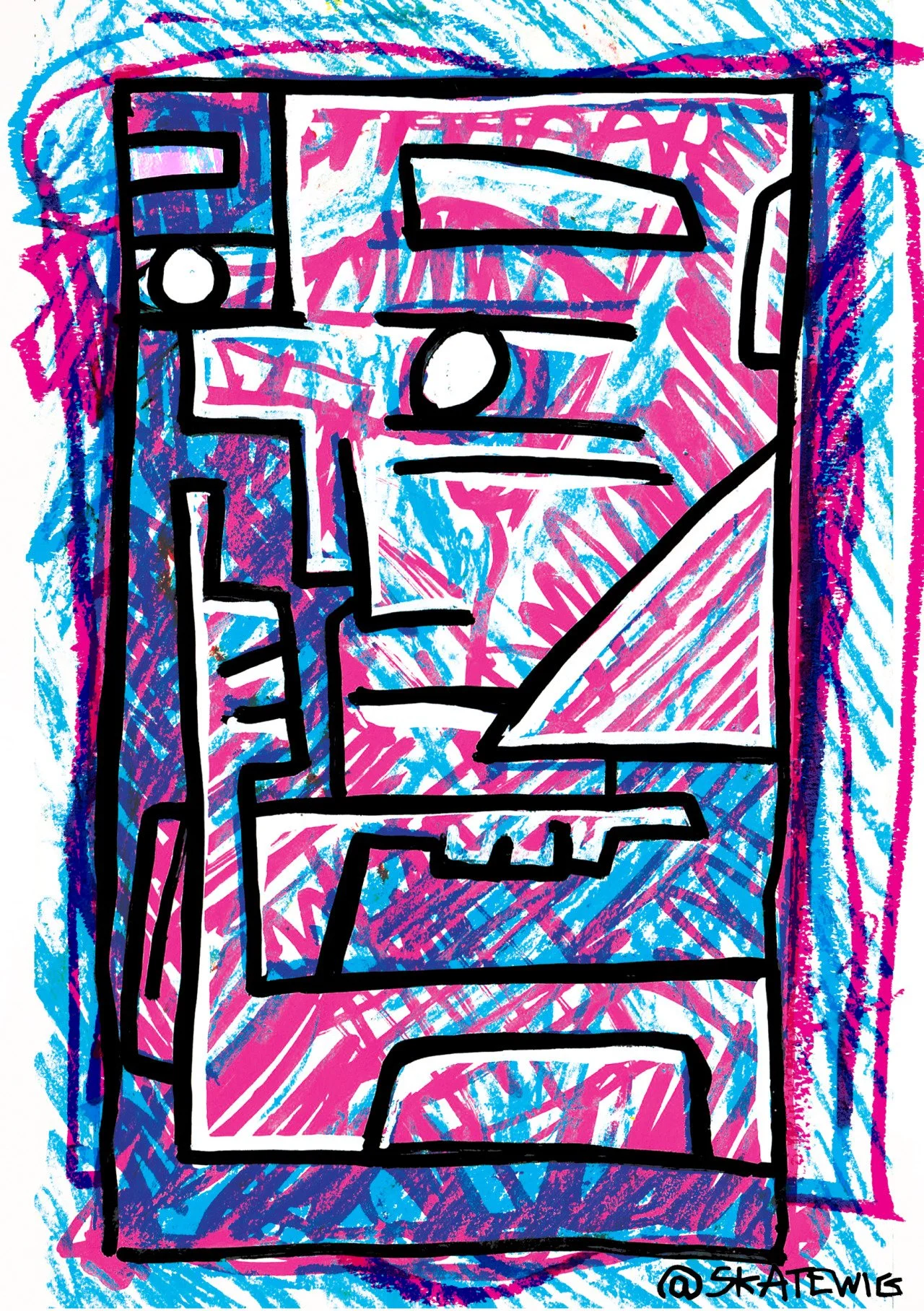 An abstract drawing of a classic arcade game machine with a colorful, scribbled background in pink, blue, and teal, outlined in black.