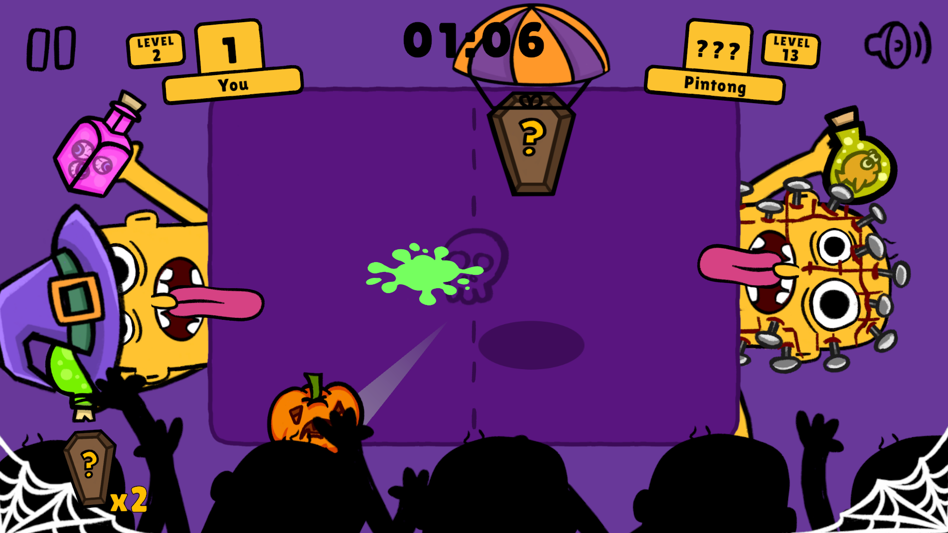 A Halloween-themed game screen with cartoon characters dressed as a witch and a pumpkin, engaged in a game involving potion bottles and a green slime splatter. The background is purple with cobwebs in the corners.