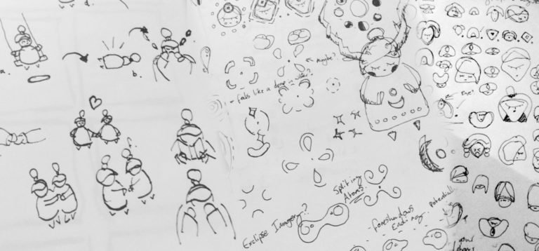 A sheet of paper filled with various hand-drawn doodles, sketches, and notes. The drawings include simple figures, faces, objects, and abstract designs, with some labeled with words and arrows pointing to specific parts. The sketches appear casual and experimental.