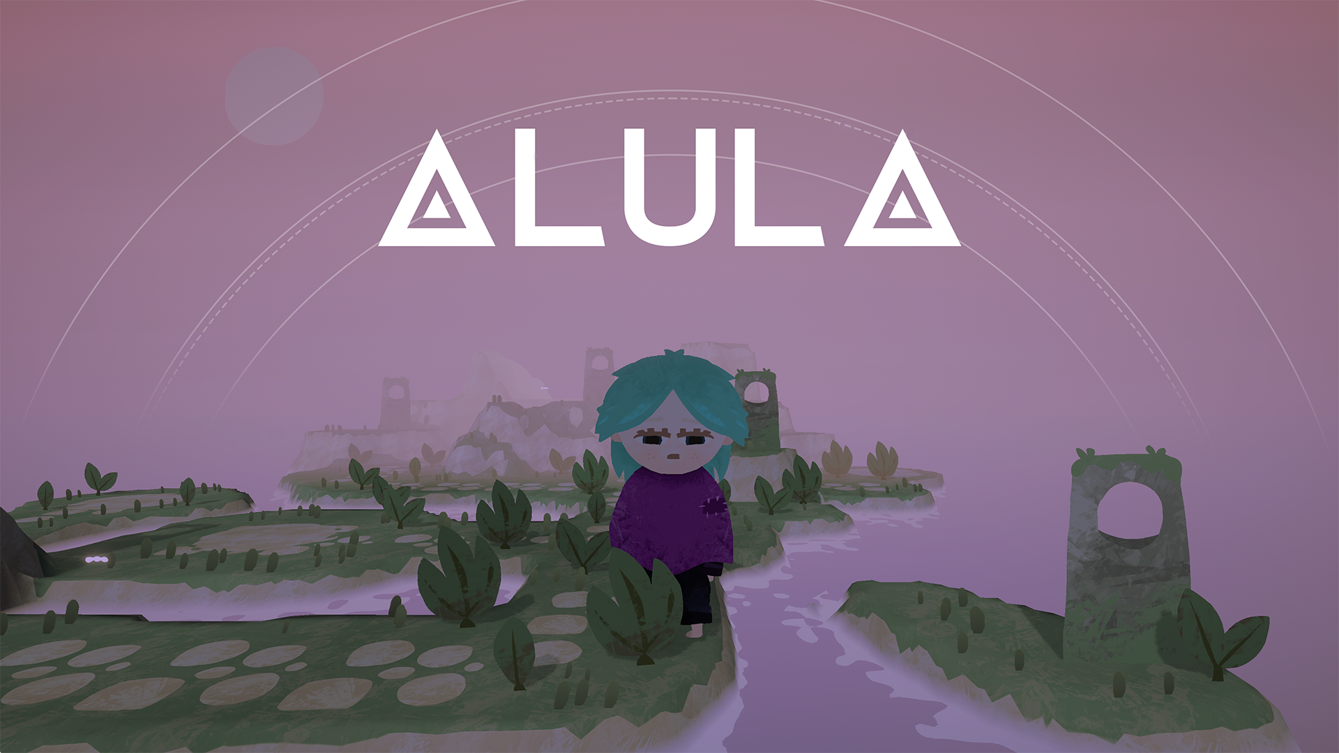 Stylized digital illustration of a character with blue hair and purple cape standing on a floating island with ruins in the background, under a purple sky with the word 'ALULA' in geometric letters and a rainbow.