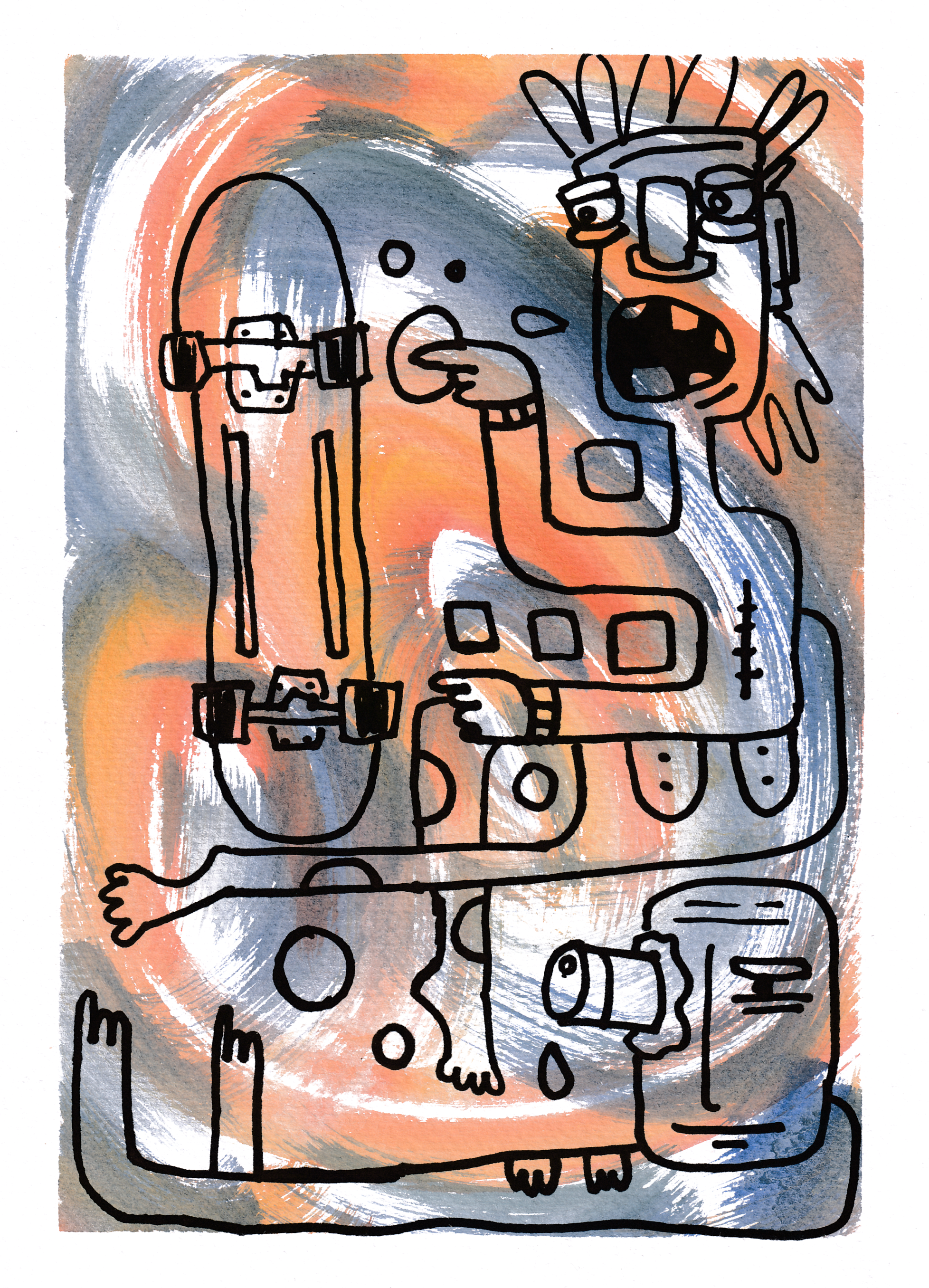 Abstract illustration of a person with glasses, animatedly pointing at a skateboard with a skull on it, using a line art style over a swirling background of gray, orange, and white colors.