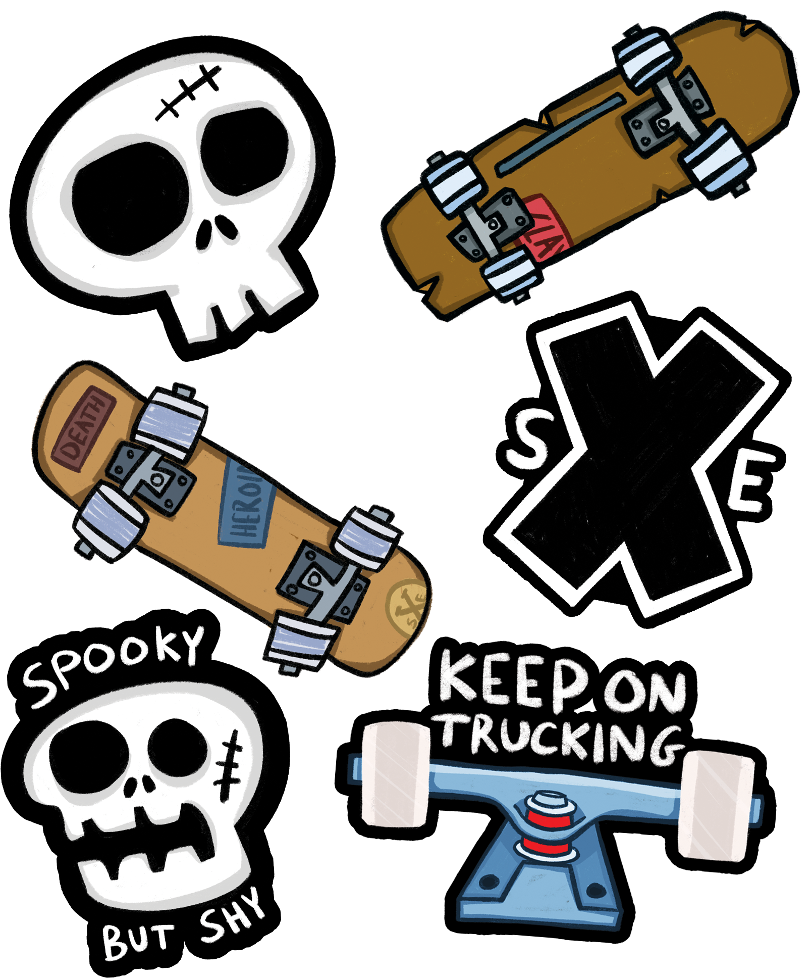 A collection of Halloween-themed stickers featuring skulls, skateboards with various designs, a Black Lives Matter sign, and a skateboard with the text "Keep on Trucking."
