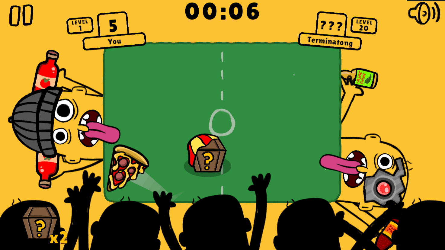 Animated scene of a table tennis game with cartoon characters, snacks, and drinks, with an audience cheering.