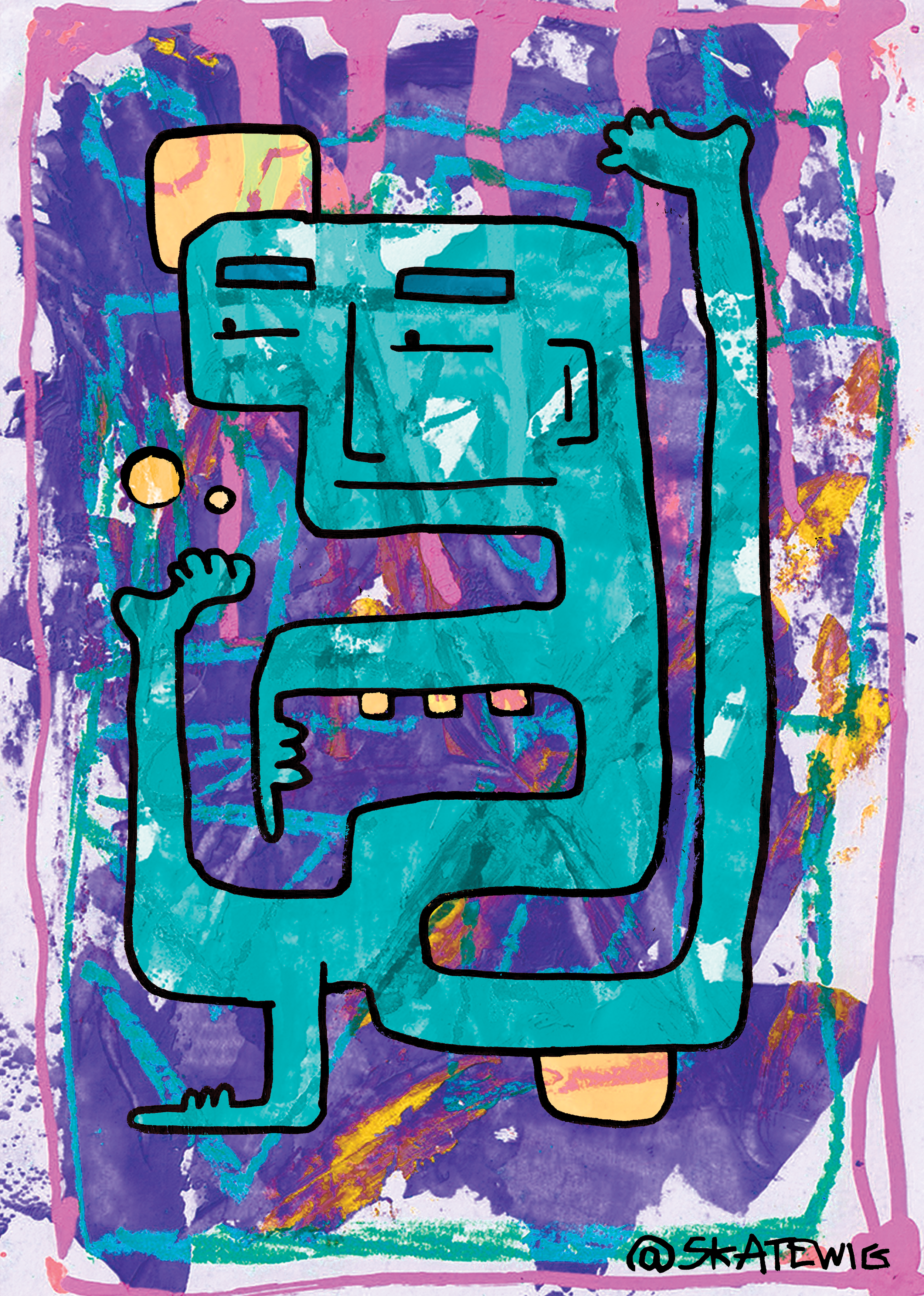 A colorful abstract artwork featuring a teal, robot-like creature with a square head, rectangular eyes, and a wide open mouth displaying three teeth. The creature has one arm raised and the other down, with simple rounded hands and feet. The backgrou