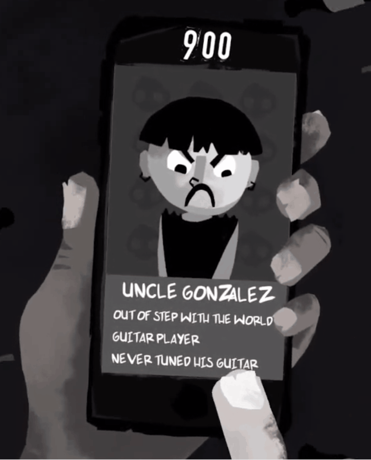 A hand holding a smartphone displaying a cartoon character with an angry expression, labeled Uncle Gonzalez, with text describing him as an out of step guitar player who never tuned his guitar.