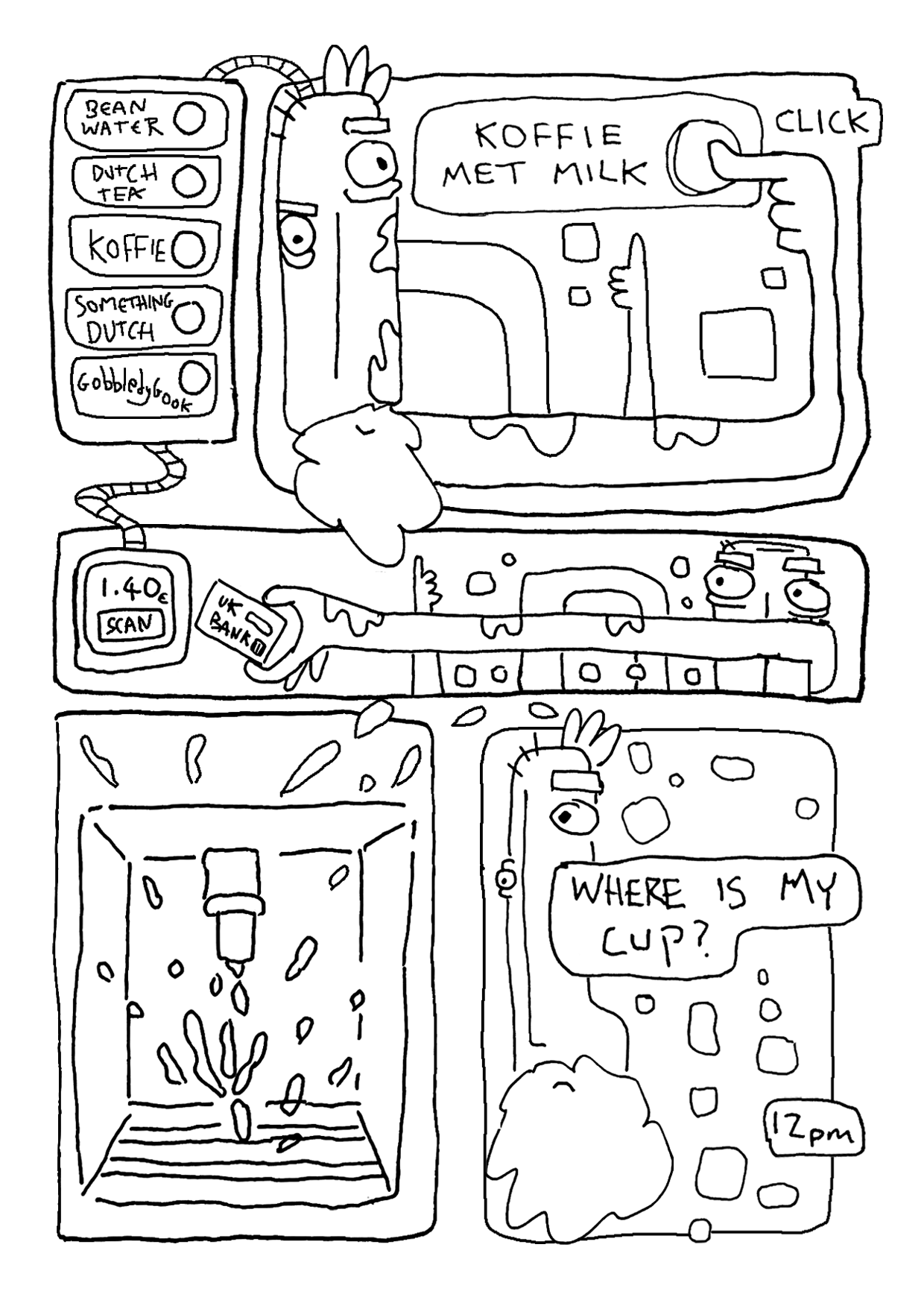 A black and white line drawing of a scene within what appears to be a coffee shop or café with anthropomorphic elements. The drawing includes a coffee machine with a face, a menu with options like 'Bean Water', 'Dutch Tea', 'Koffie', and others. Ther