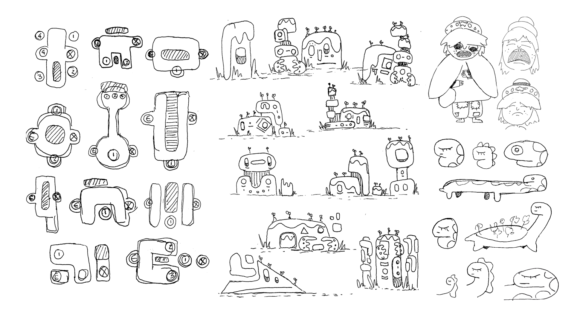 A collection of childlike doodles of various cartoon-style characters, robots, animals, as well as some expressions of emotional faces, all drawn in simple black ink outlines on a white background.