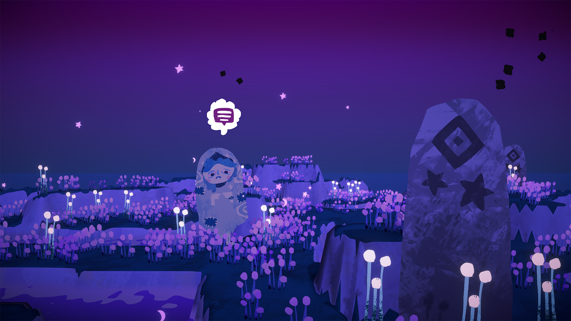Digital artwork depicting a night scene inside a whimsical landscape filled with glowing purple and white plants and large stone structures with star and diamond shapes. In the background, a colorful character with a speech bubble stands among the flora.