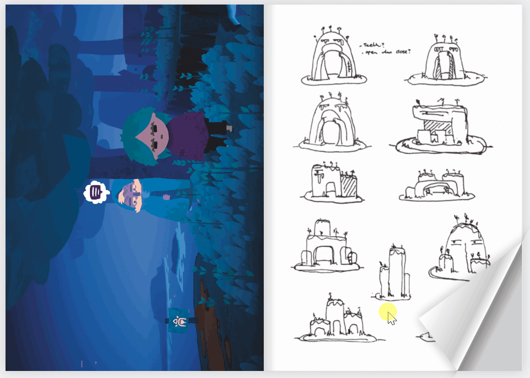 Left side: cartoon scenes of a girl in a purple dress, in a forest, with a sign. Right side: hand-drawn sketches of various whimsical house designs with small antennas, some with smoke or trees on top.