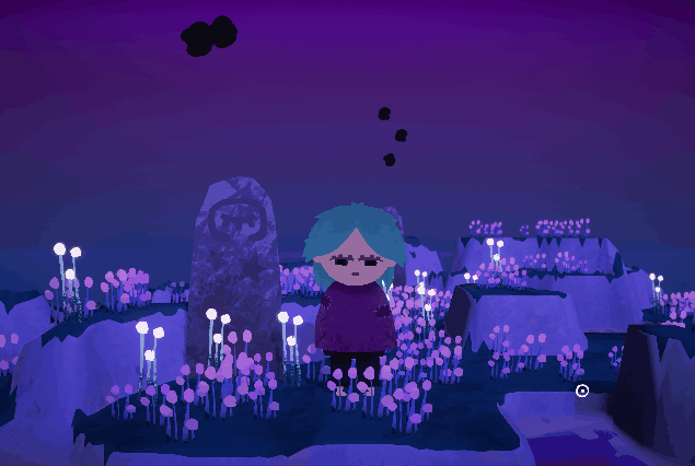 Animated scene with a girl with blue hair standing among glowing purple and pink mushrooms on rocks, with a dark purple sky and floating black clouds.
