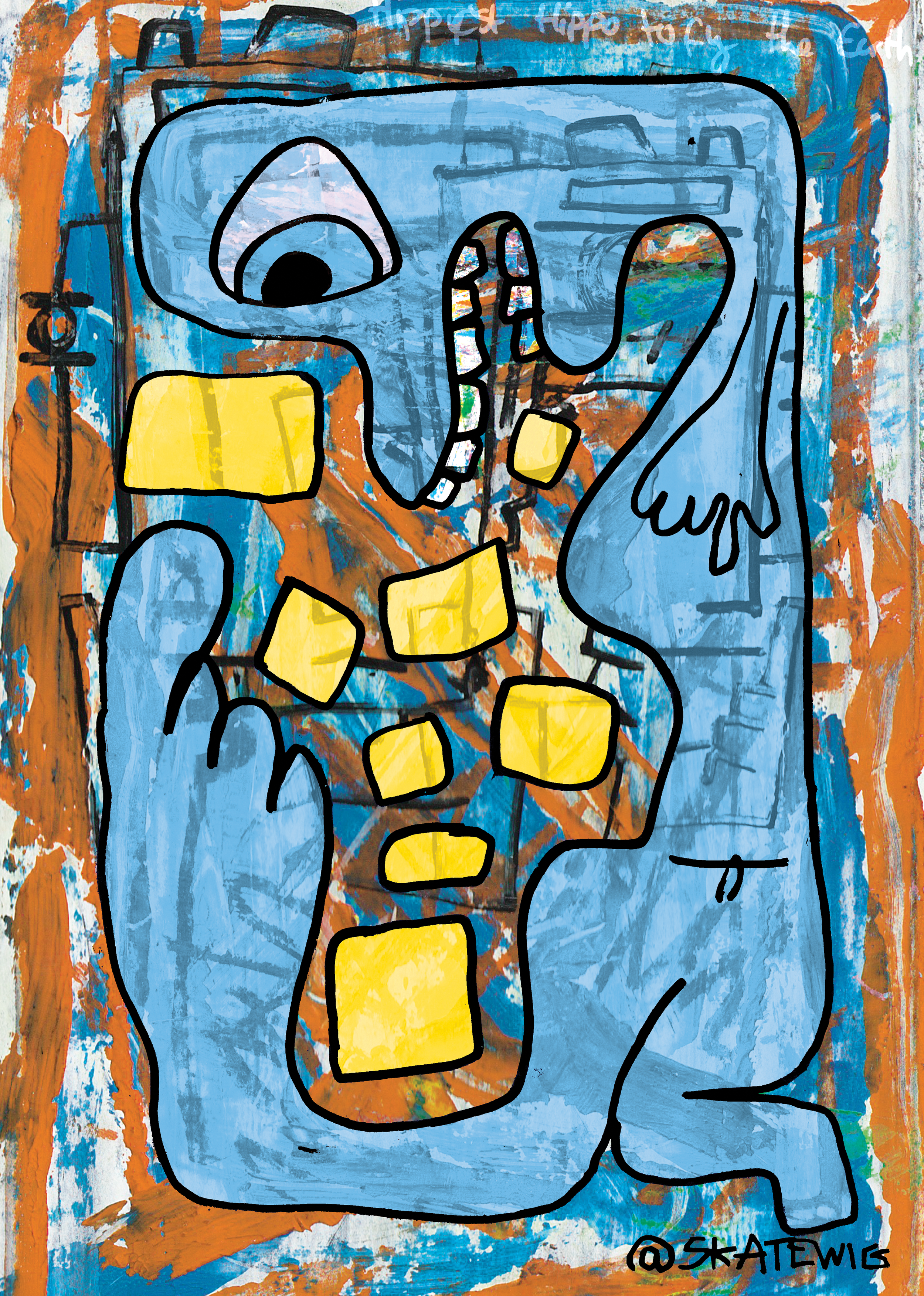 A colorful abstract painting featuring a stylized blue monster with one large eye, a wide open mouth with sharp teeth, and yellow geometric shapes inside and outside its body. The background has splashes of orange, brown, and white. The artist's sign