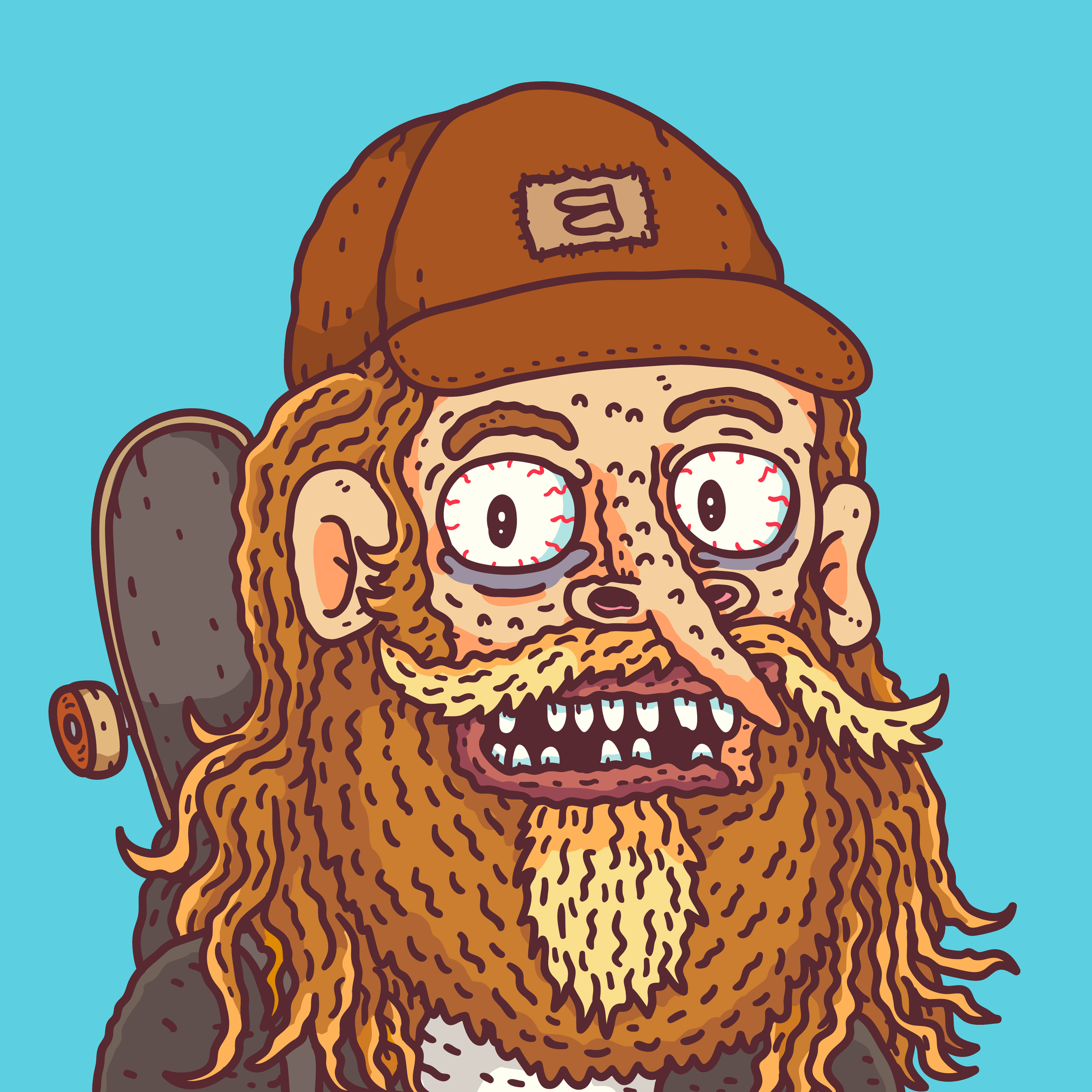 Cartoon illustration of a bearded man with large, bloodshot eyes, wearing a brown cap and a backpack, with a skateboard on his back, against a blue background.