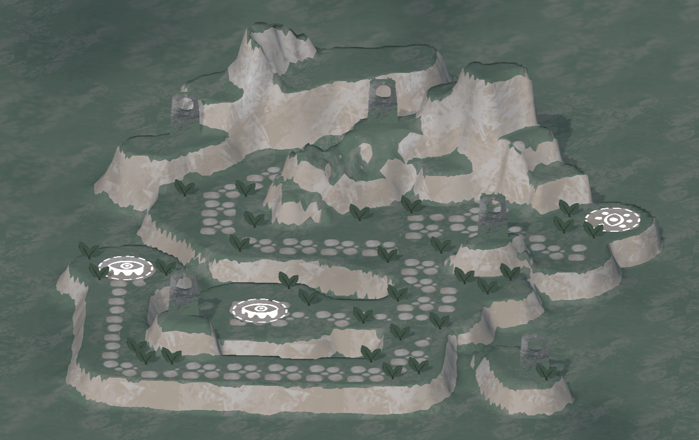 An island with a castle and pathways, surrounded by water, featuring several round platforms and stone structures.