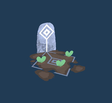 An illustration of a small garden plot with three sprouting plants, surrounded by a protective barrier, and a symbolic stone with a geometric design in the background.