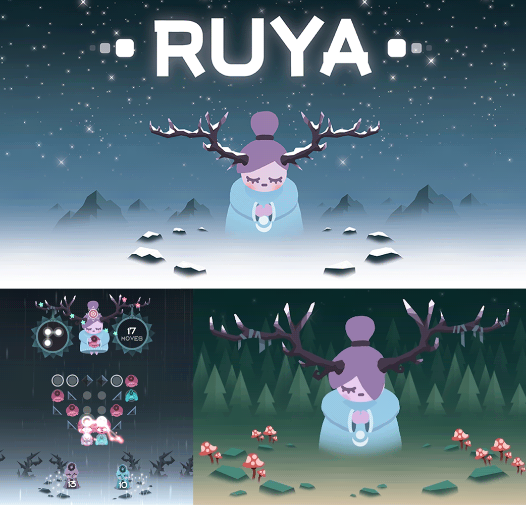 A digital illustration featuring a mystical purple tiefling character with hut shaped antlers and closed eyes, in different environments: snowy mountains, a dark forest, and a forest floor with mushrooms. The word 'RUYA' appears at the top.