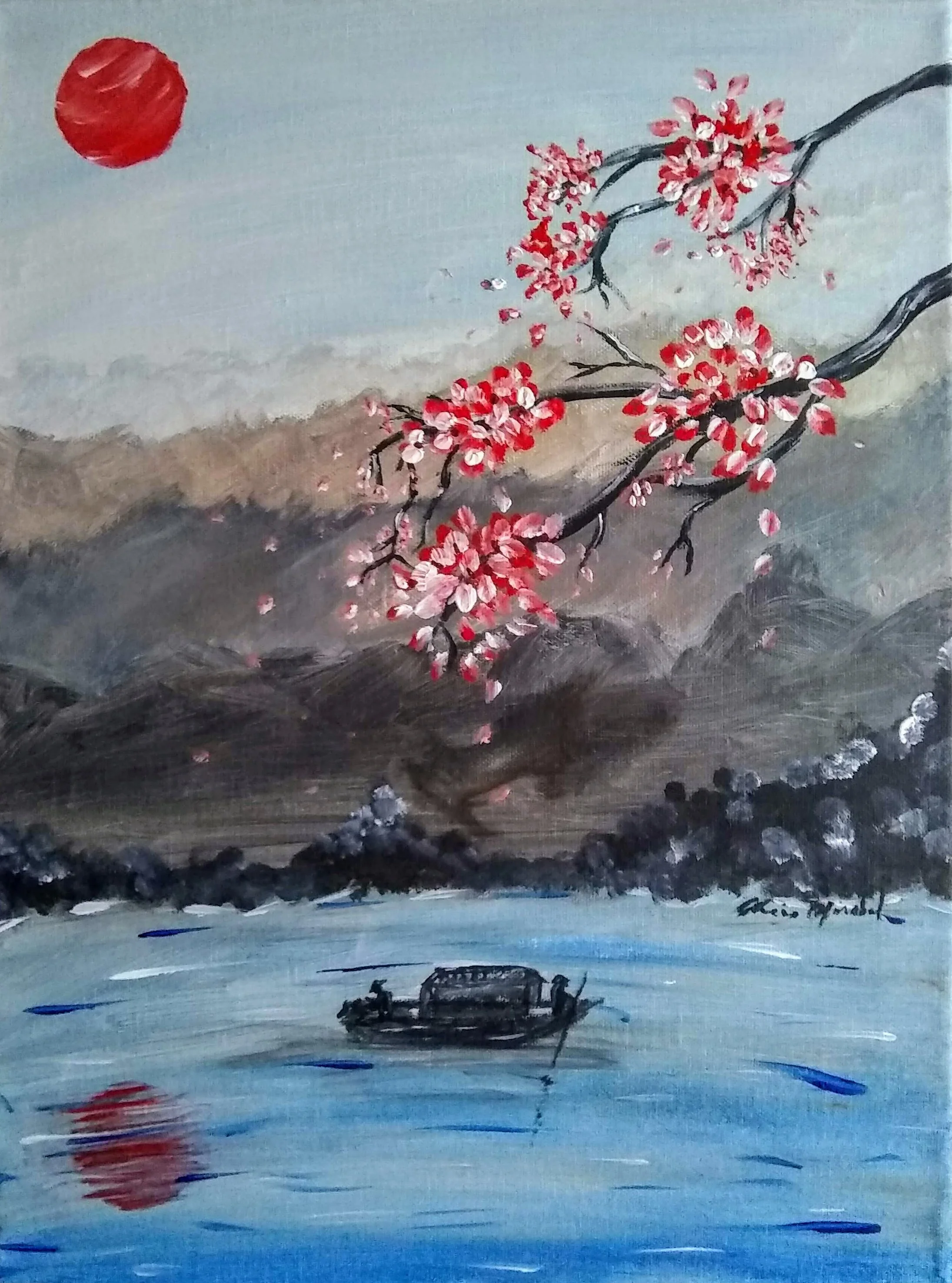 Christine Miraba, "Cherry Blossoms and Red Sun"