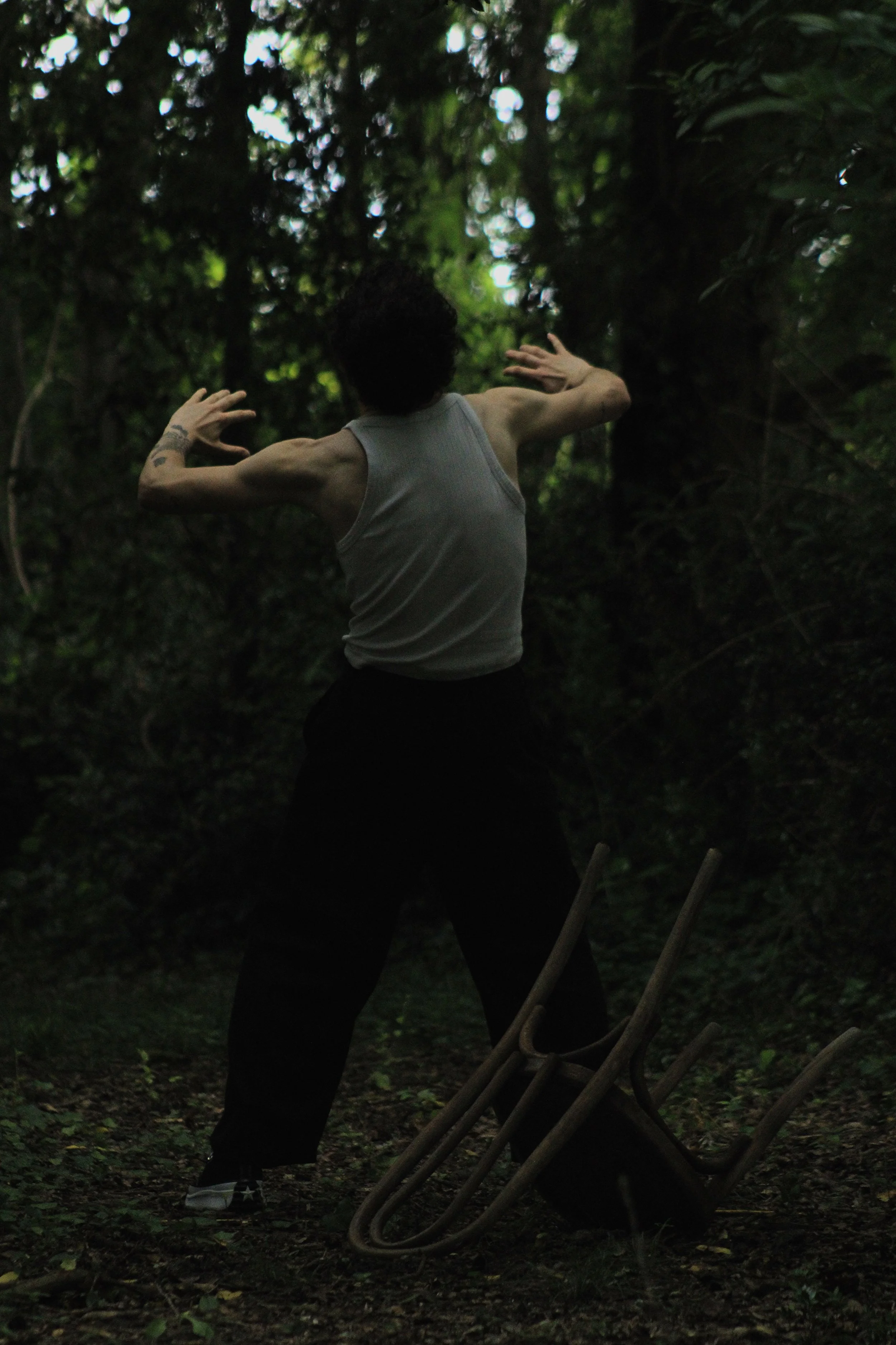 A person with dark curly hair, wearing a sleeveless gray shirt, standing in a dark forest, with the back to the camera, and a folded chair leaning against their leg.