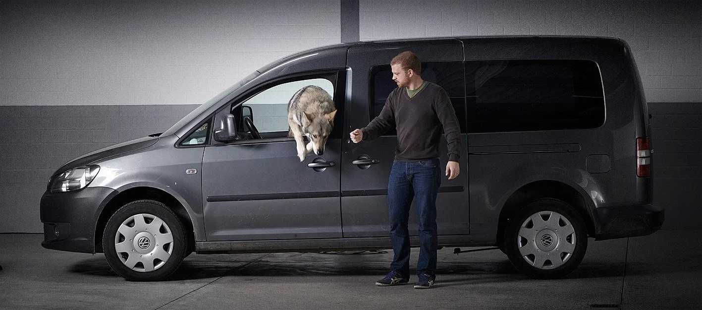 Un homme se tenant à côté d'un van gris dans un garage, un chien husky sortant du véhicule.