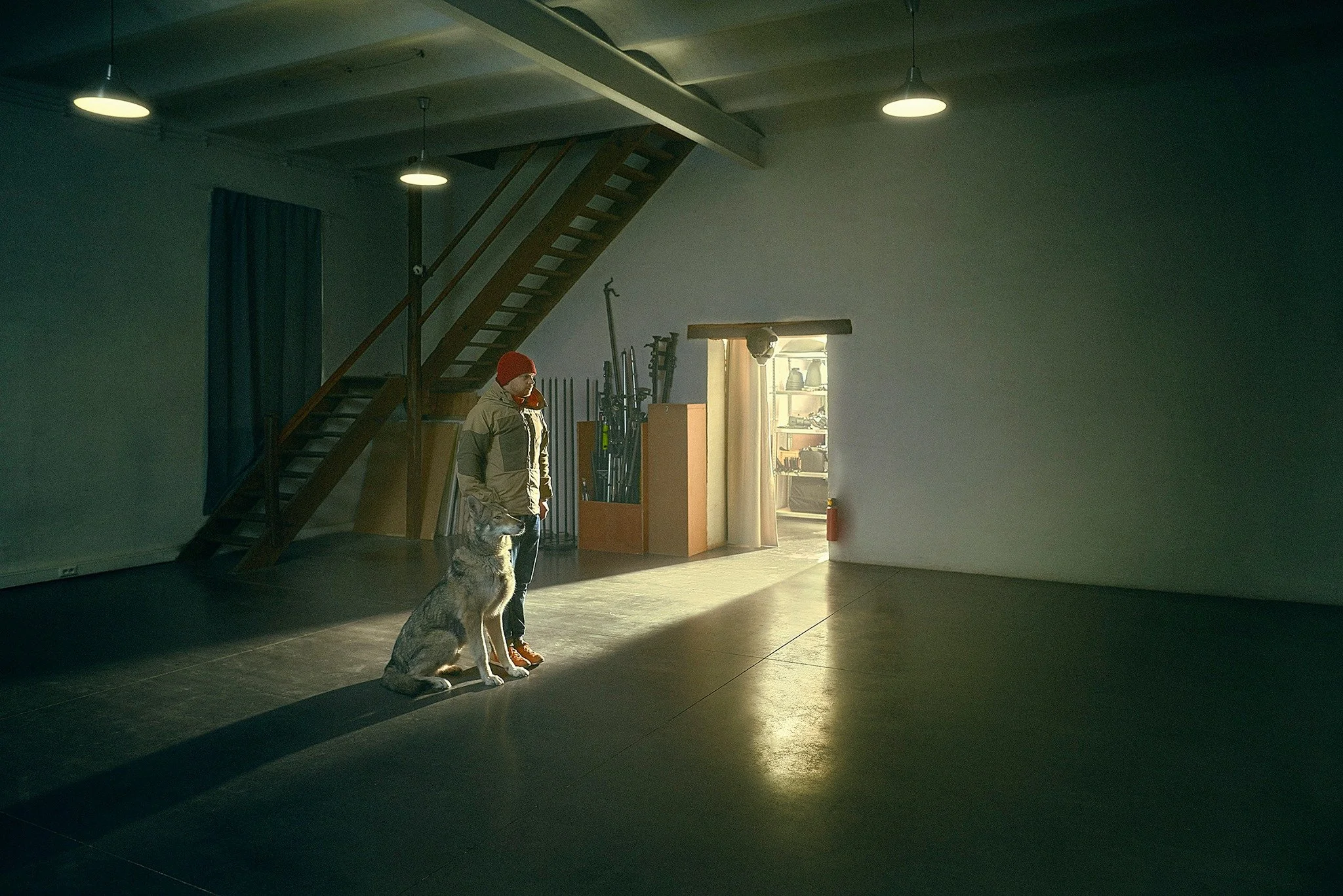 Une personne avec un chien dans une pièce vide et sombre, éclairée par une lumière du soleil entrant par une porte ouverte.