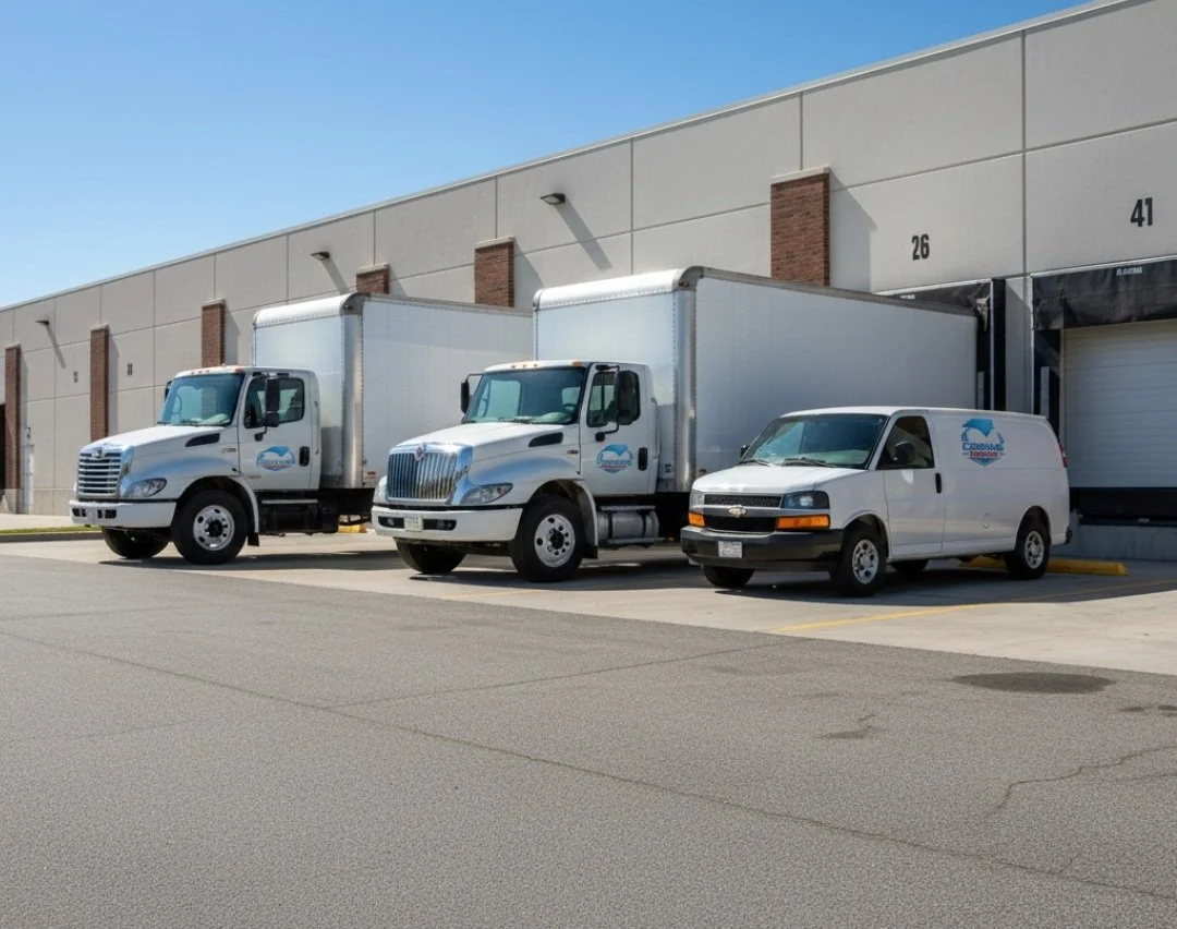 Three delivery trucks parked in front of a warehouse with loading docks, one being a white cargo van.