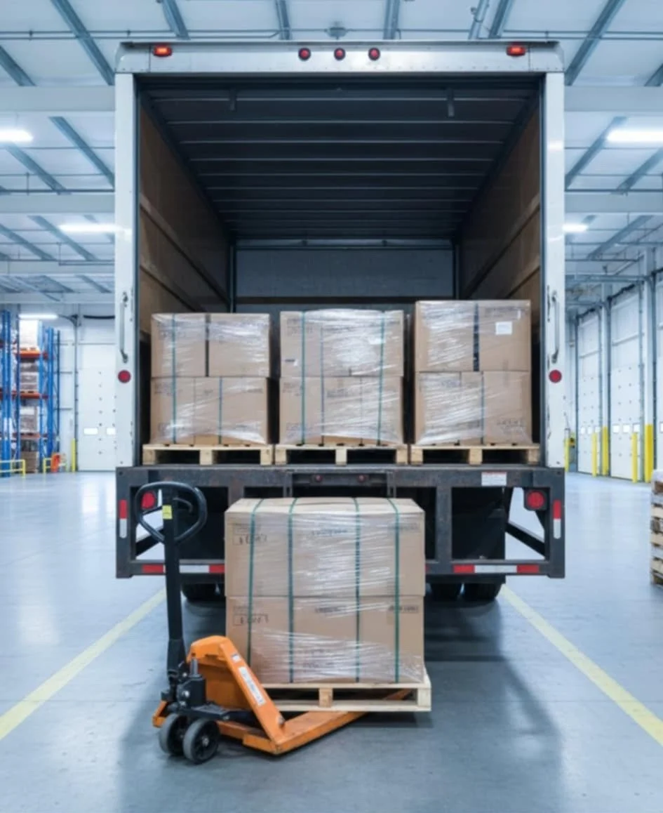 Inside a warehouse, a truck is parked with its rear open, revealing several pallets of boxes wrapped in plastic. A pallet jack is positioned in front of the truck, ready to move a pallet.