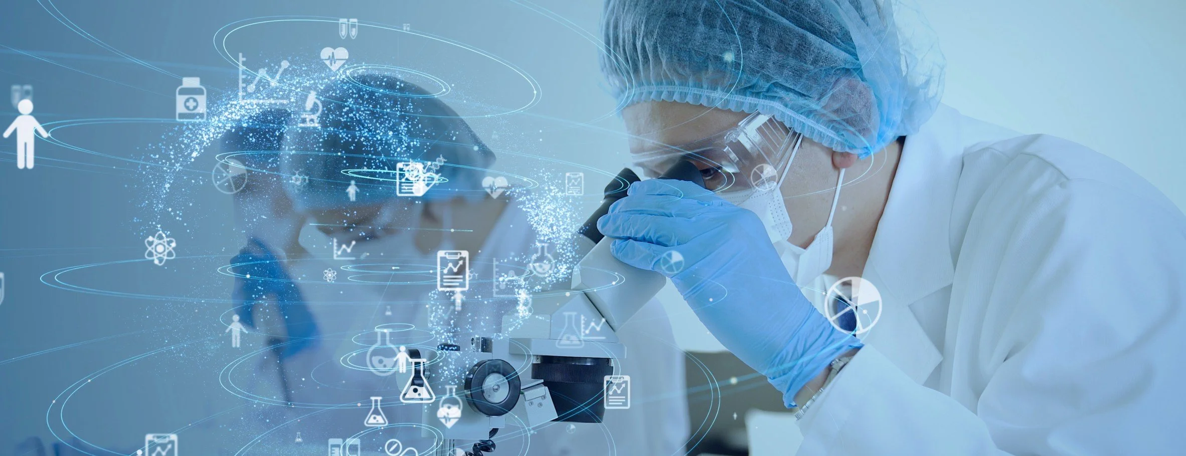 A scientist in protective gear using a microscope with digital health and science icons overlayed.