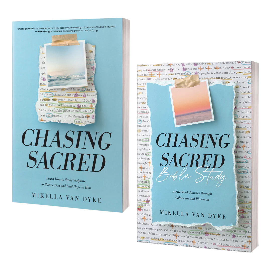 Two books titled 'Chasing Sacred' by Mikella Van Dyke, featuring cover images of sky and sunset, with torn paper designs and colorful highlights on the pages.
