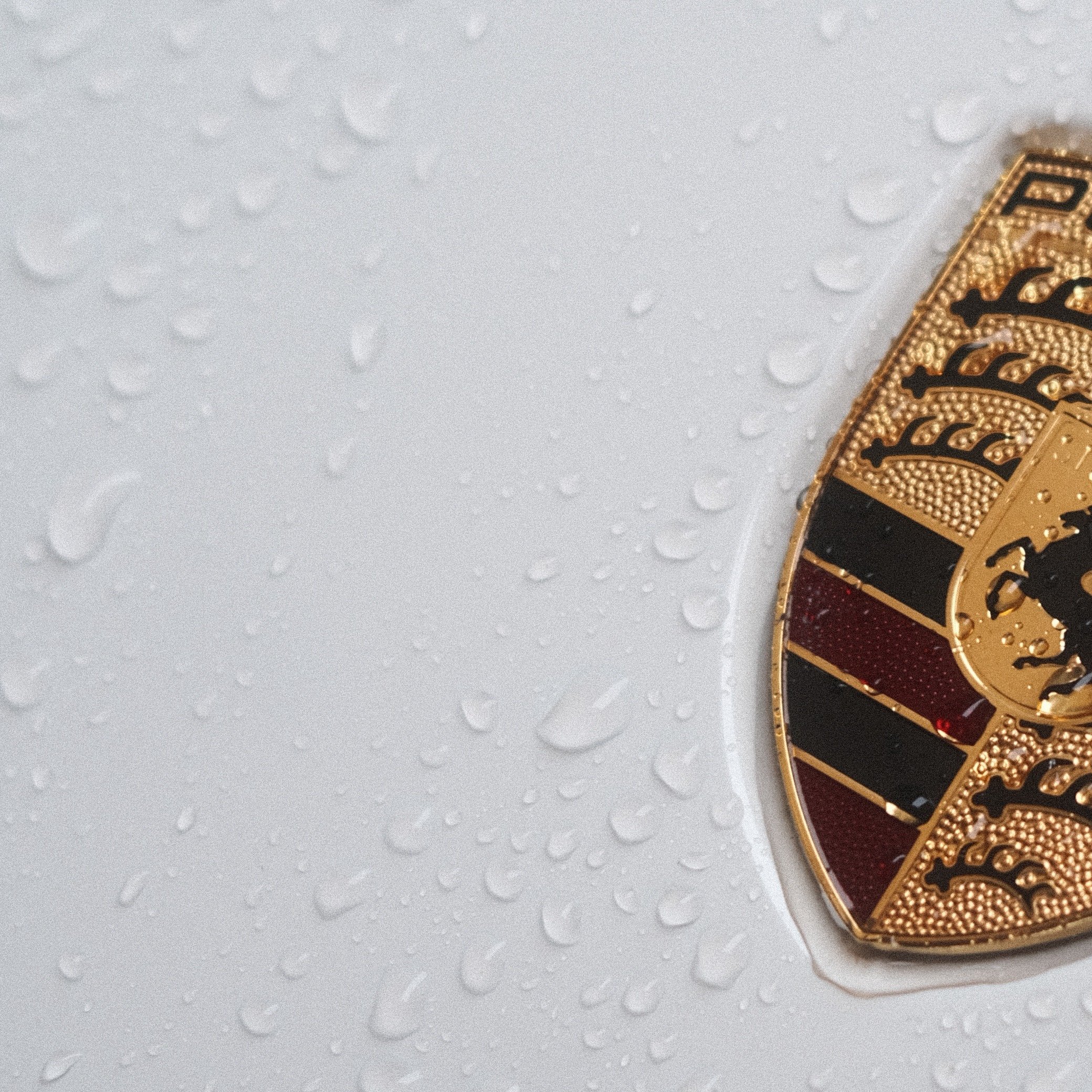 Insigne de Porsche, orné de détails en or noir et rouge, posé sur une surface en plastique avec des gouttes d'eau.