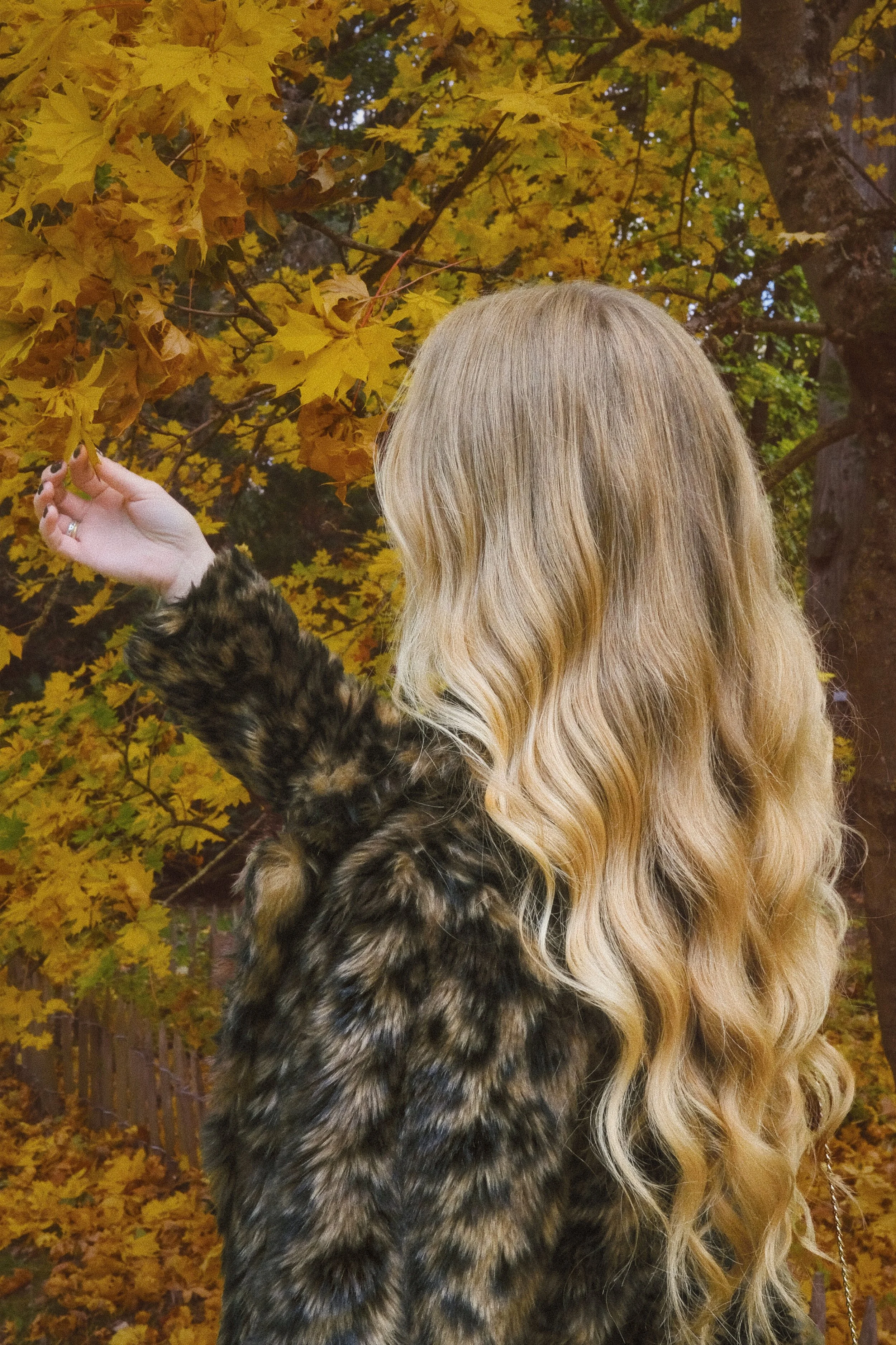 Une femme aux cheveux longs et ondulés, portant un manteau à fausse fourrure, touche une branche d'arbre aux feuilles jaunes en automne.