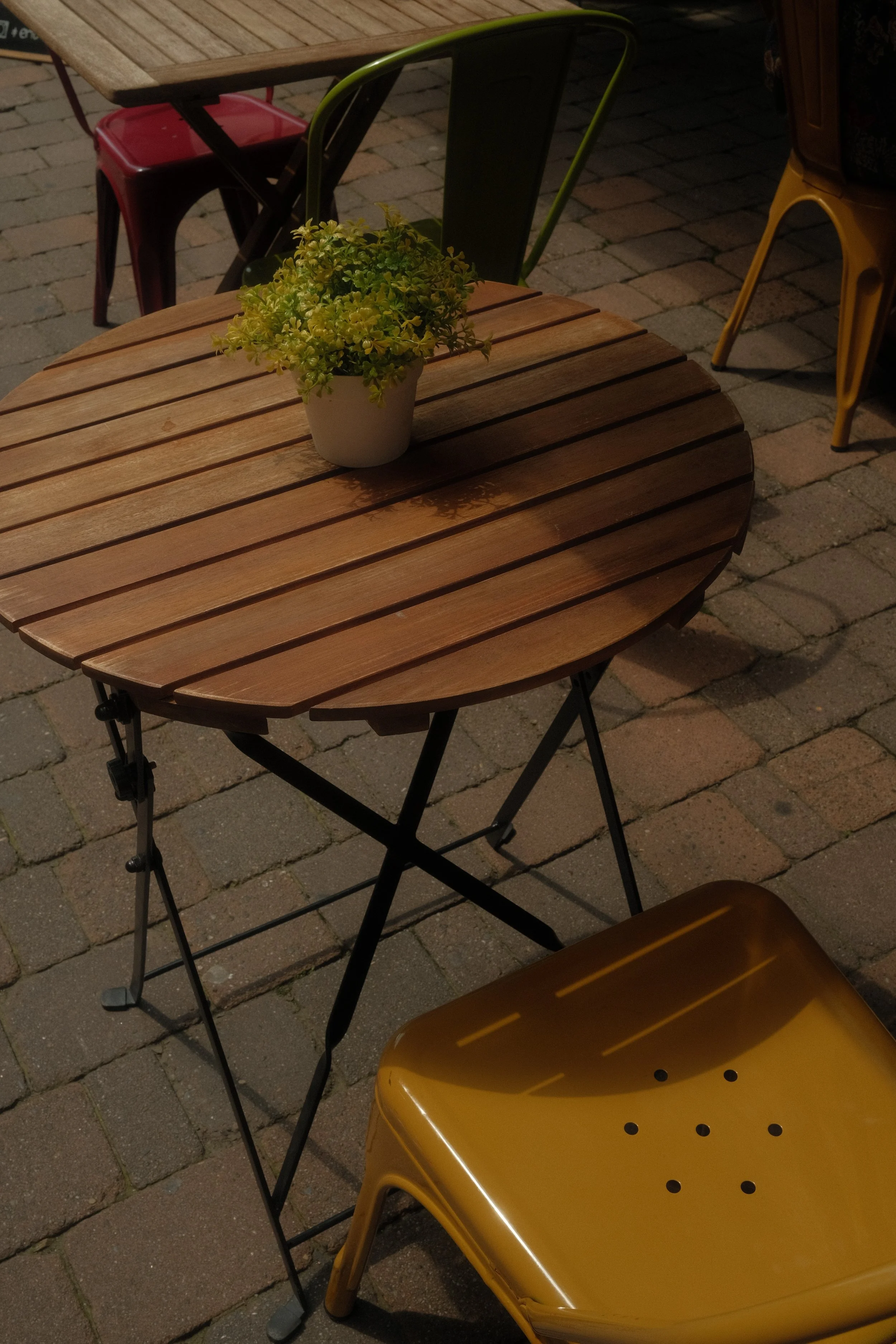 Une table en bois ronde avec une plante verte en pot dessus, entourée de différentes chaises en métal colorées, sur un sol en pavés.