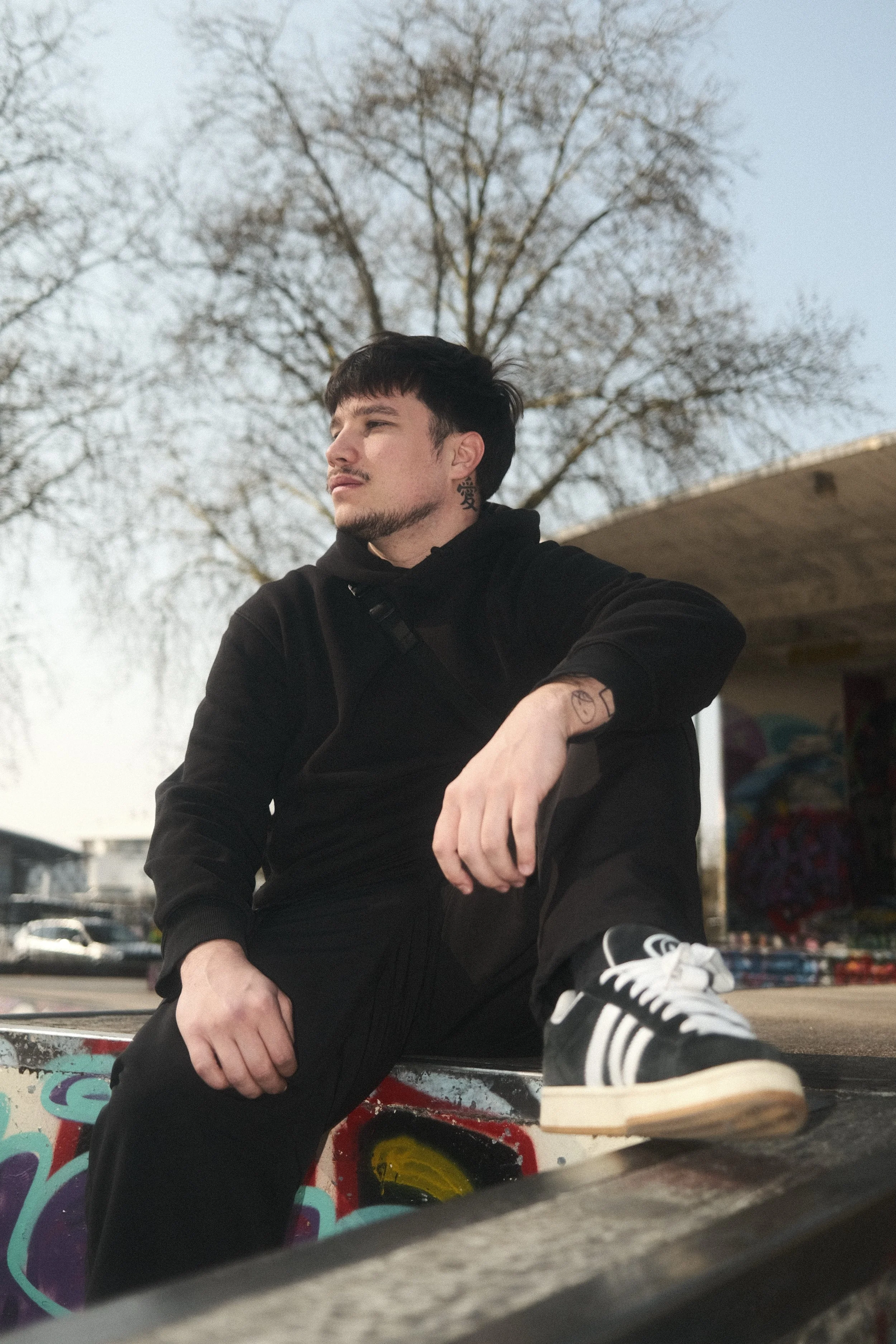 Un jeune homme assis sur un skatepark, portant un sweat noir et des baskets adidas, regardant vers la gauche, avec un arbre et un ciel clair en arrière-plan.
