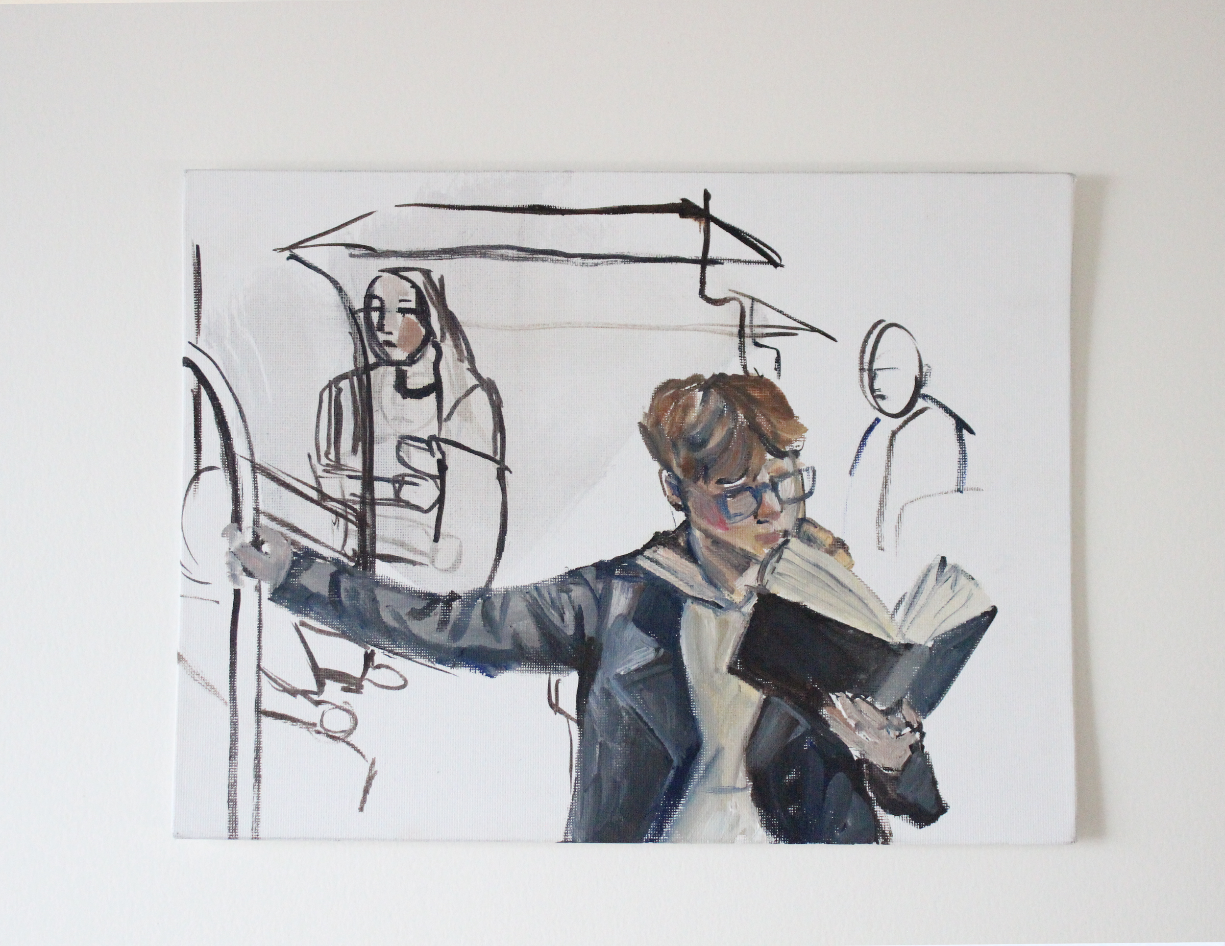Reading on the Subway (painting study), oil, 9"x12"