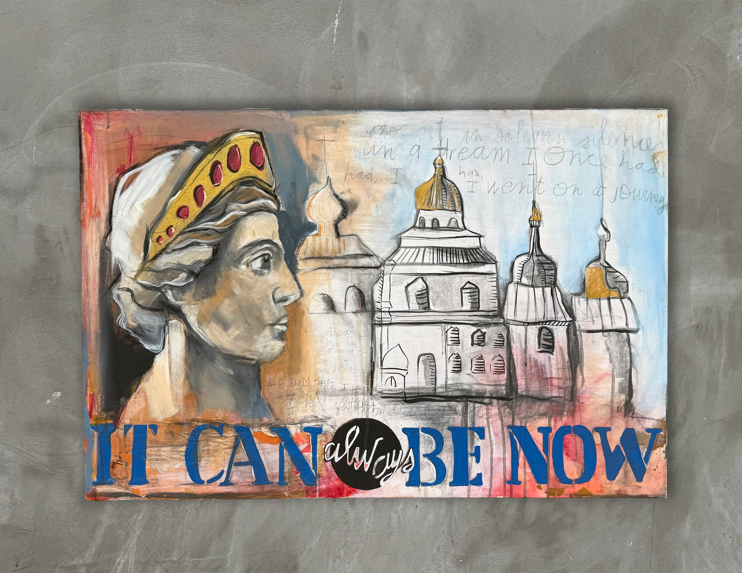 It Can Always be Now, acrylic and pastel, 24” x 36”