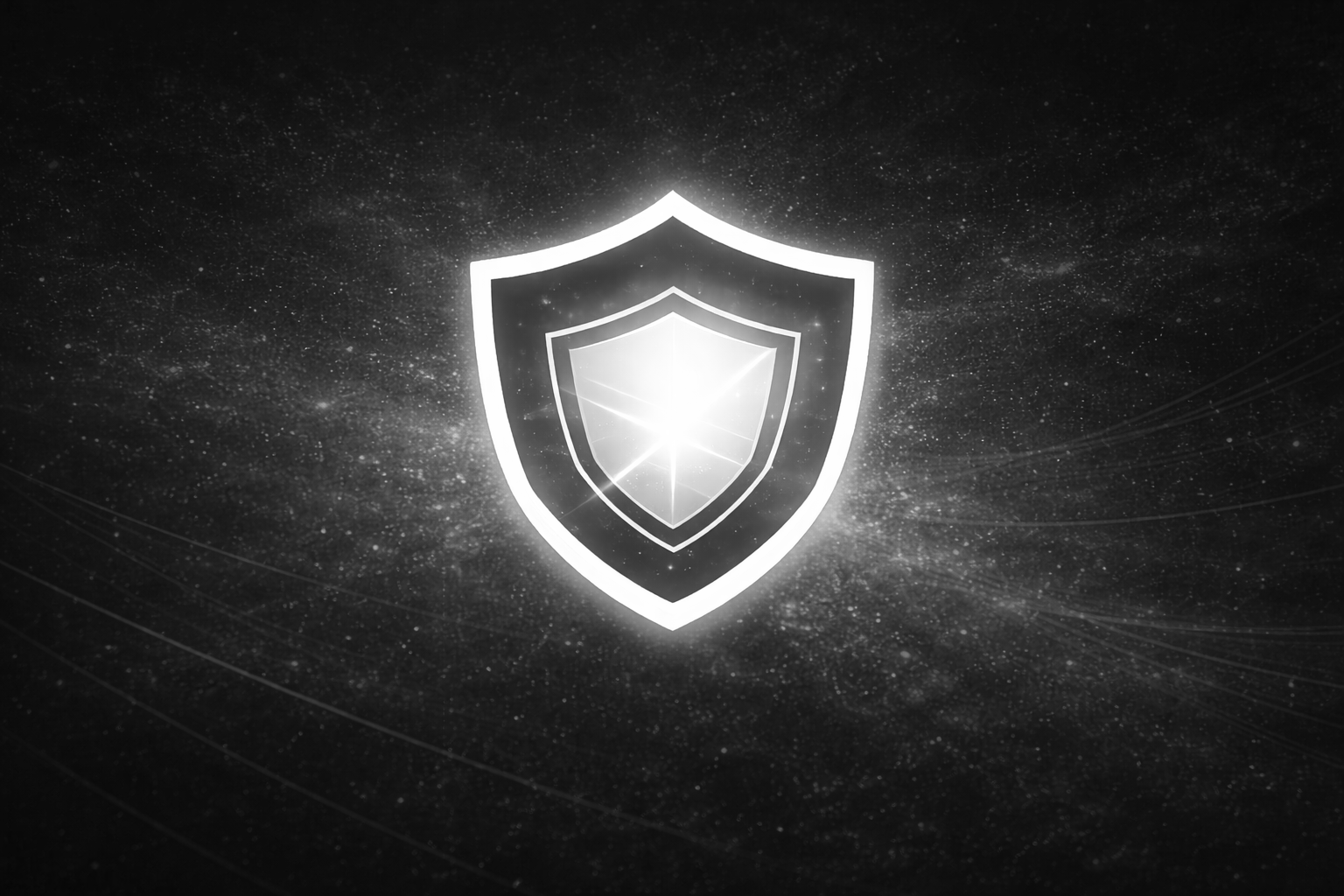 A glowing shield emblem with multiple layers set against a starry, cosmic background.