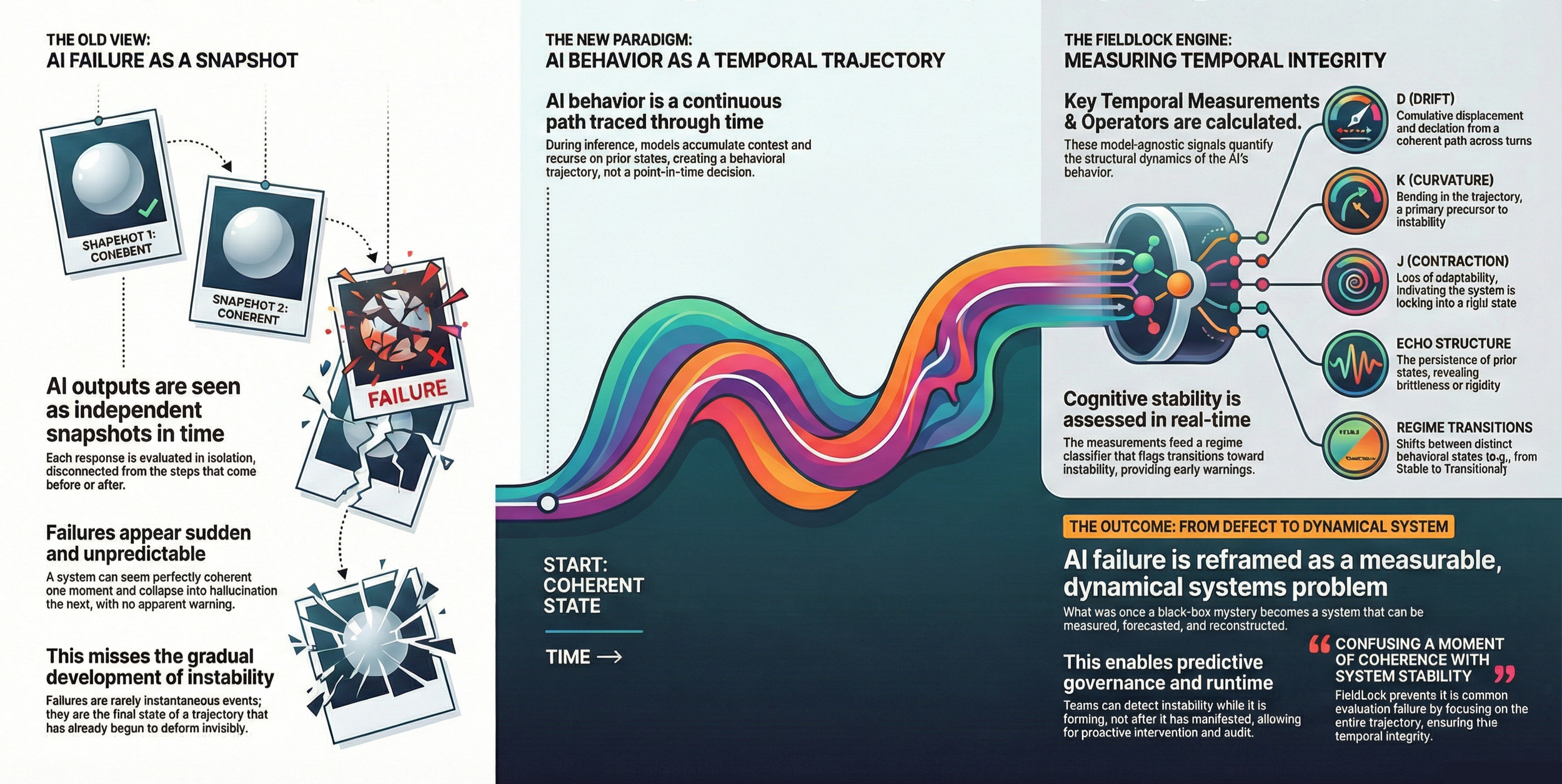 An infographic explaining AI failure as a snapshot, AI behavior as a trajectory, and measuring temporal integrity with model-agnostic signals like drift, curvature, contraction, echo structure, and regime transitions. The diagram shows a progression from AI outputs seen as independent snapshots to a focus on dynamic systems, emphasizing the importance of real-time assessment of cognitive stability and systemic behavior.