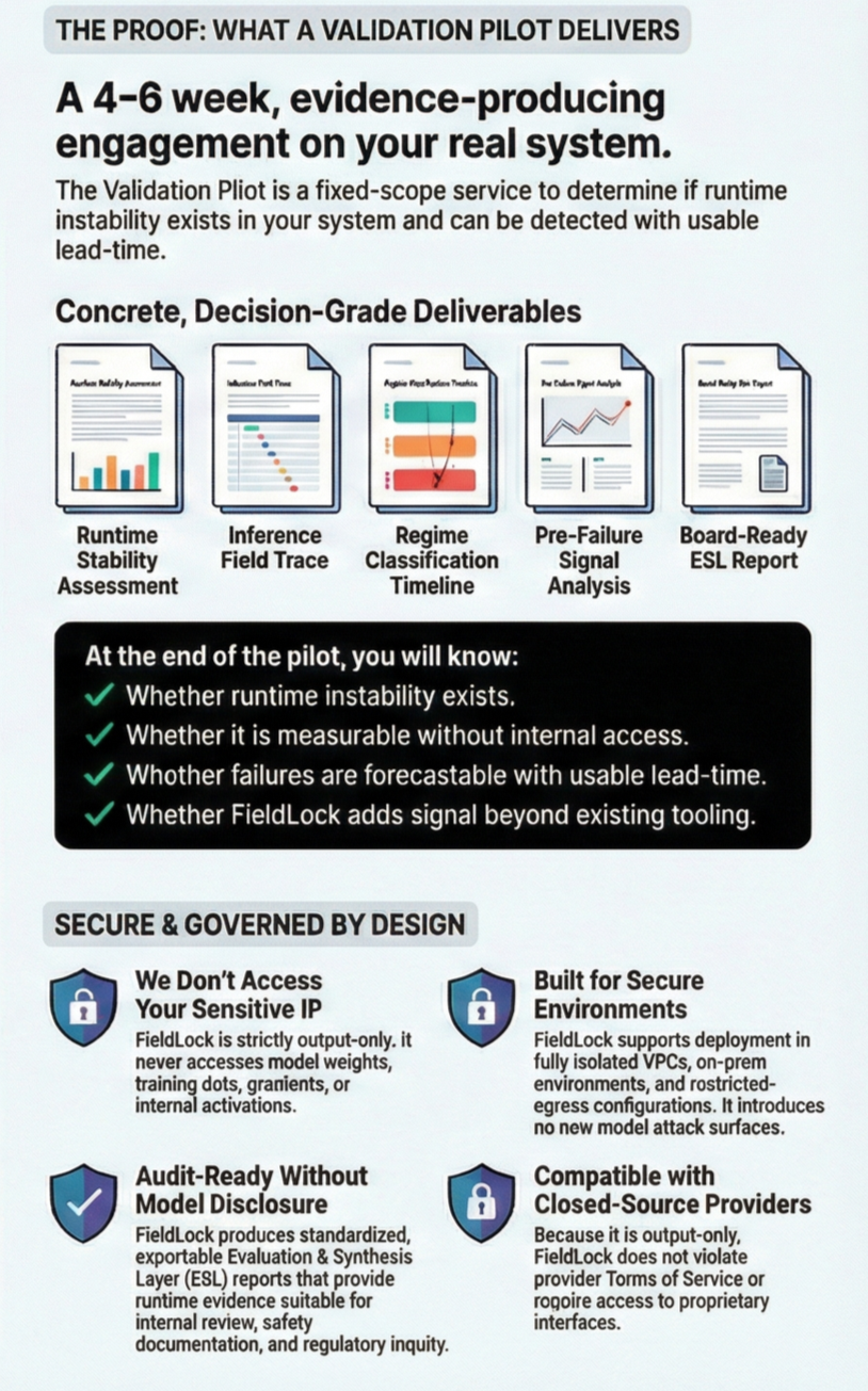 A informational poster detailing the purpose and deliverables of a validation pilot for system stability. It explains that the pilot lasts 4 to 6 weeks and includes concrete deliverables such as runtime stability assessment, inference field trace, regime classification timeline, pre-failure signal analysis, and a board-ready ESL report. It states that at the end of the pilot, one will know if runtime instability exists, if it is measurable without internal access, if failures are forecastable with lead time, and if FieldLock adds signals beyond existing tooling. It also describes security features such as not accessing sensitive IP, supporting secure environments, being audit-ready without model disclosure, and compatibility with closed-source providers.