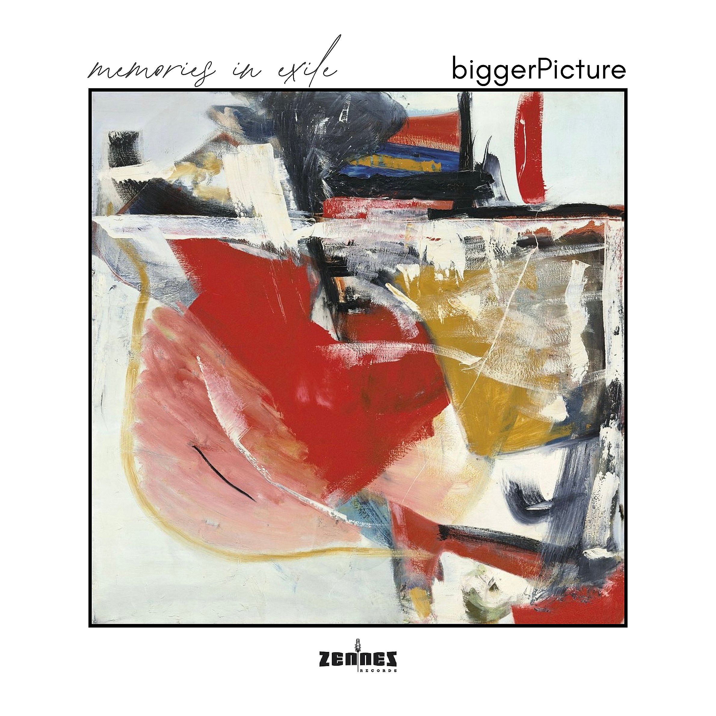 Abstract painting with bold red, black, white, yellow, and blue brushstrokes, featuring a large red shape in the center.