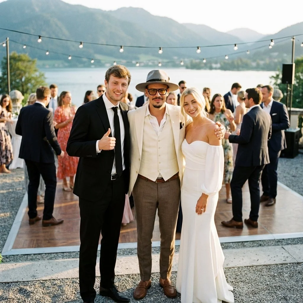 Menschen feiern bei einer Hochzeit im Freien am See, mit Bergen im Hintergrund, Lichterketten über der Tanzfläche. DJ Chris PyRo Hochzeit Ingolstadt Style modern