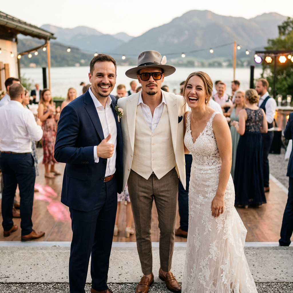 Hochzeitspaar mit Freund bei sommerlicher Feier am See, im Hintergrund Berge und tanzende Gäste, abends mit Lichterketten. DJ Chris PyRo Hochzeit Tegernsee Style modern