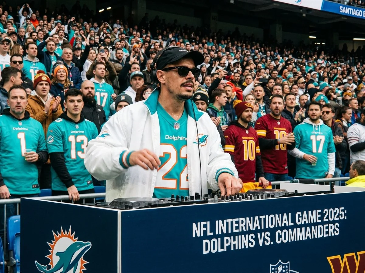 DJ Pyro auflegen Miami Dolphins Madrid Corporate DJ NFL Europa Game für Footbal Fans.