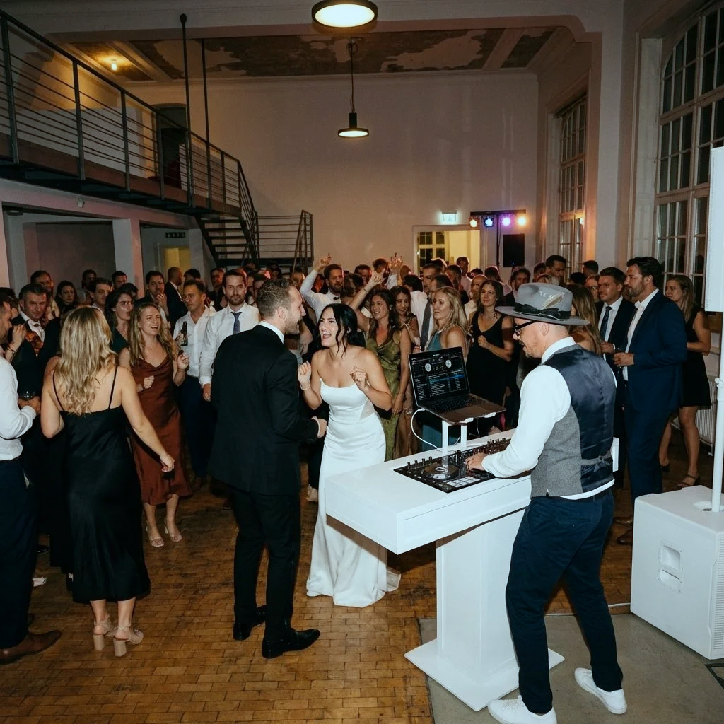 Tanzende Menschen auf einer Feier in einem großen Saal, mit einem DJ an der Musik. Die Gäste tragen elegante Kleidung, darunter Anzüge und Kleider.