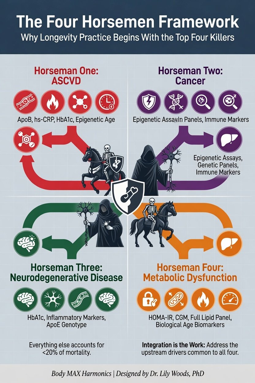 The Four Horsemen Framework: Why Longevity Practice Begins With the Top Four Killers