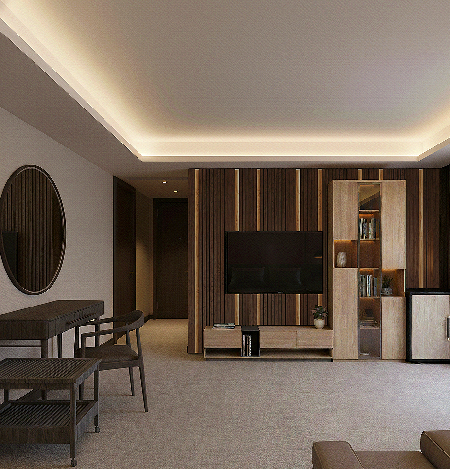 Image of a Living room showing the Room setup with a TV unit, wall cladding, a small table, and a mirror on the wall