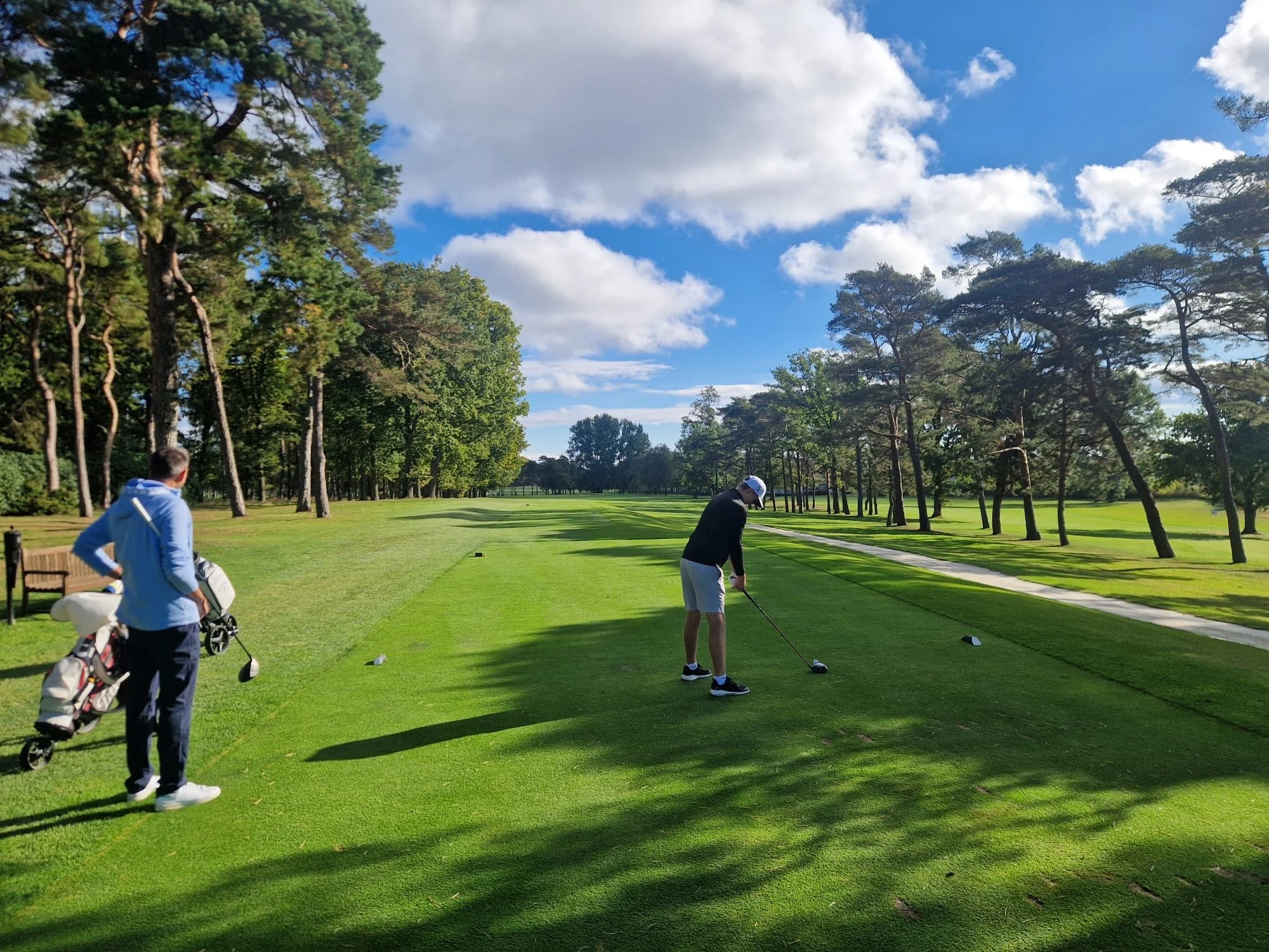 Zwei Golfer spielen gemeinsam auf einem grünen, von Bäumen umgebenen Golfplatz.