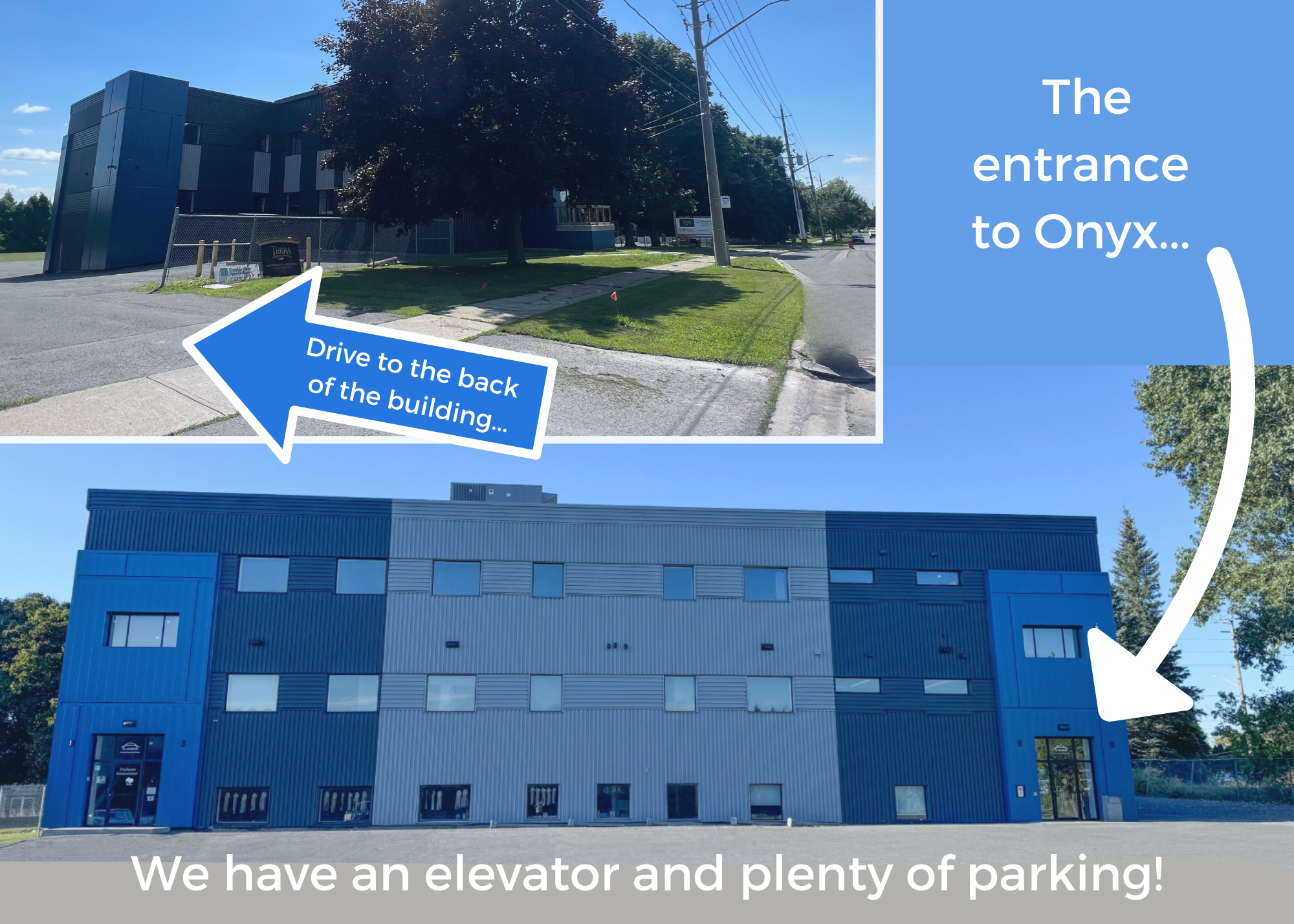 Two images of a modern blue building, with text annotations. The top image shows the front entrance with a fence and a sign, with an arrow pointing to the back of the building labeled "Drive to the back of the building..." The side image shows the building's exterior with multiple windows, with a text bubble saying "The entrance to Onyx..." and a caption at the bottom stating "We have an elevator and plenty of parking!".
