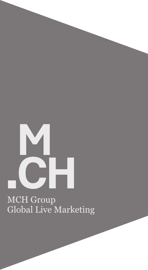 Grafische Gestaltung mit grau, schwarz und weißen Elementen. Text: 'M. CH', 'MCH Group', 'Global Live Marketing'.
