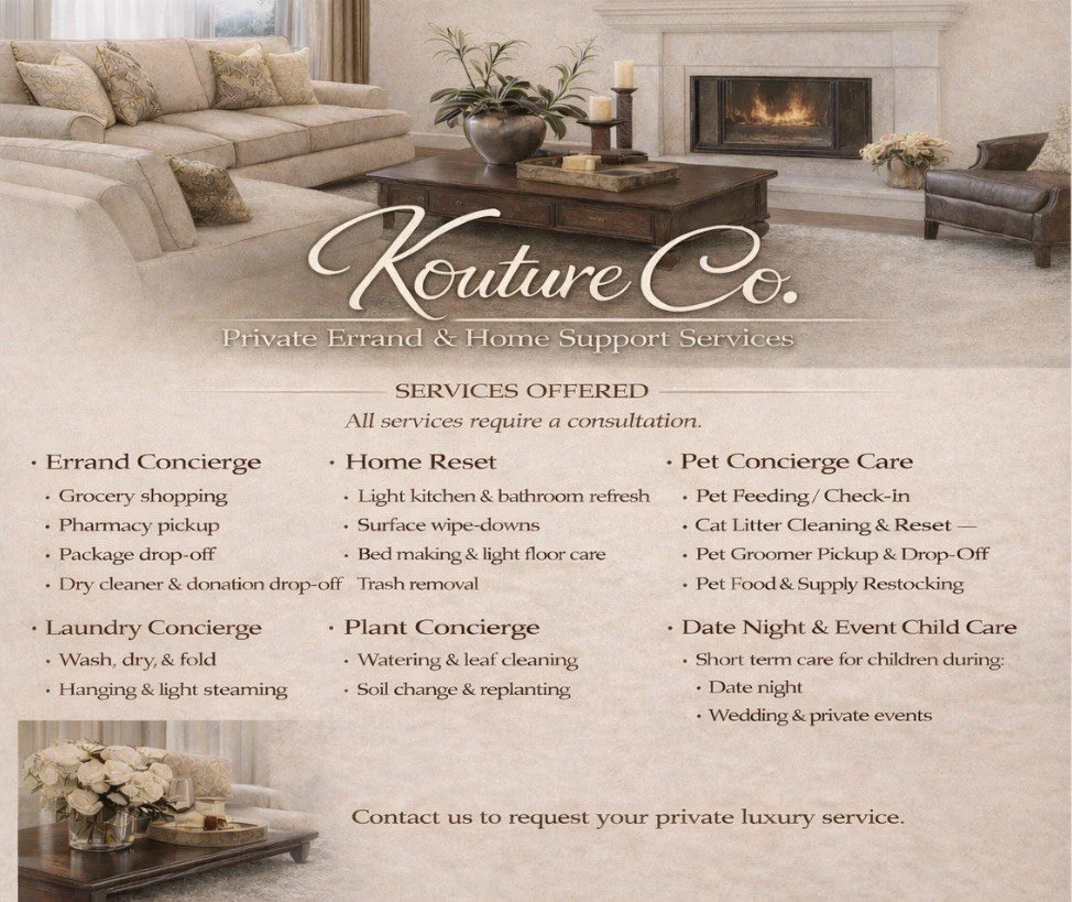 A flyer for Kouture Co., offering private errand and home support services. The flyer features a cozy living room with a beige sofa, a fireplace, a coffee table with a potted plant and candles, and a side chair with a flower arrangement. The text details services such as errand concierge, laundry, home reset, plant care, pet care, and child care.
