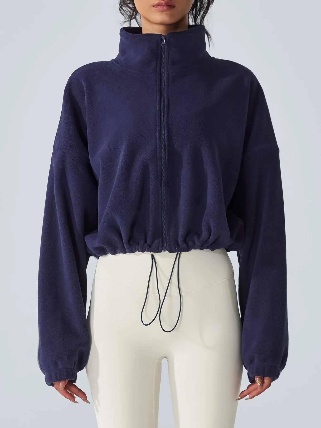 Navy Cropped Fleece Zip-Up Sports Jacket