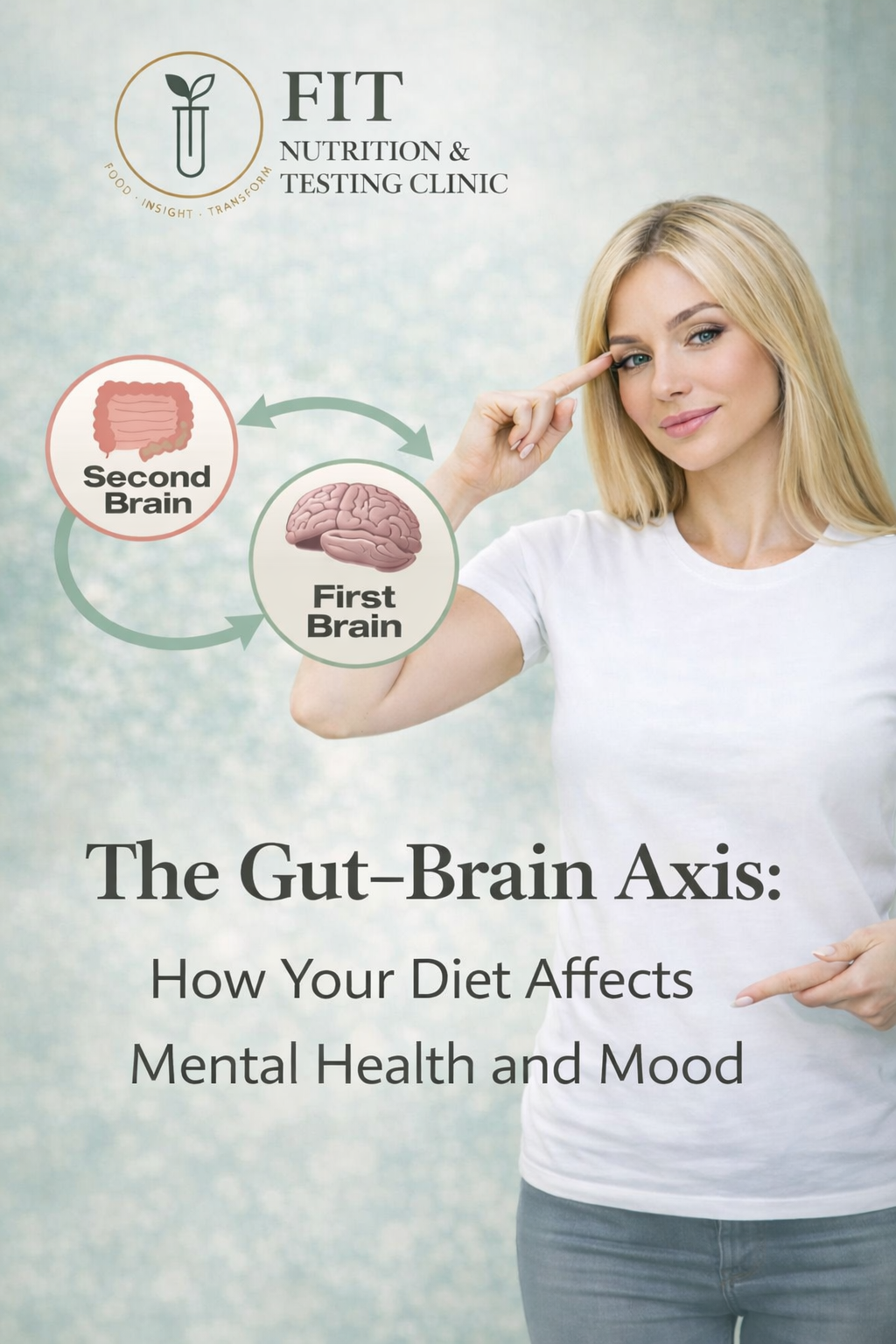 graphic for The Gut-Brain Axis showing woman pointing to her head and smiling, with graphic images of the gut and brain